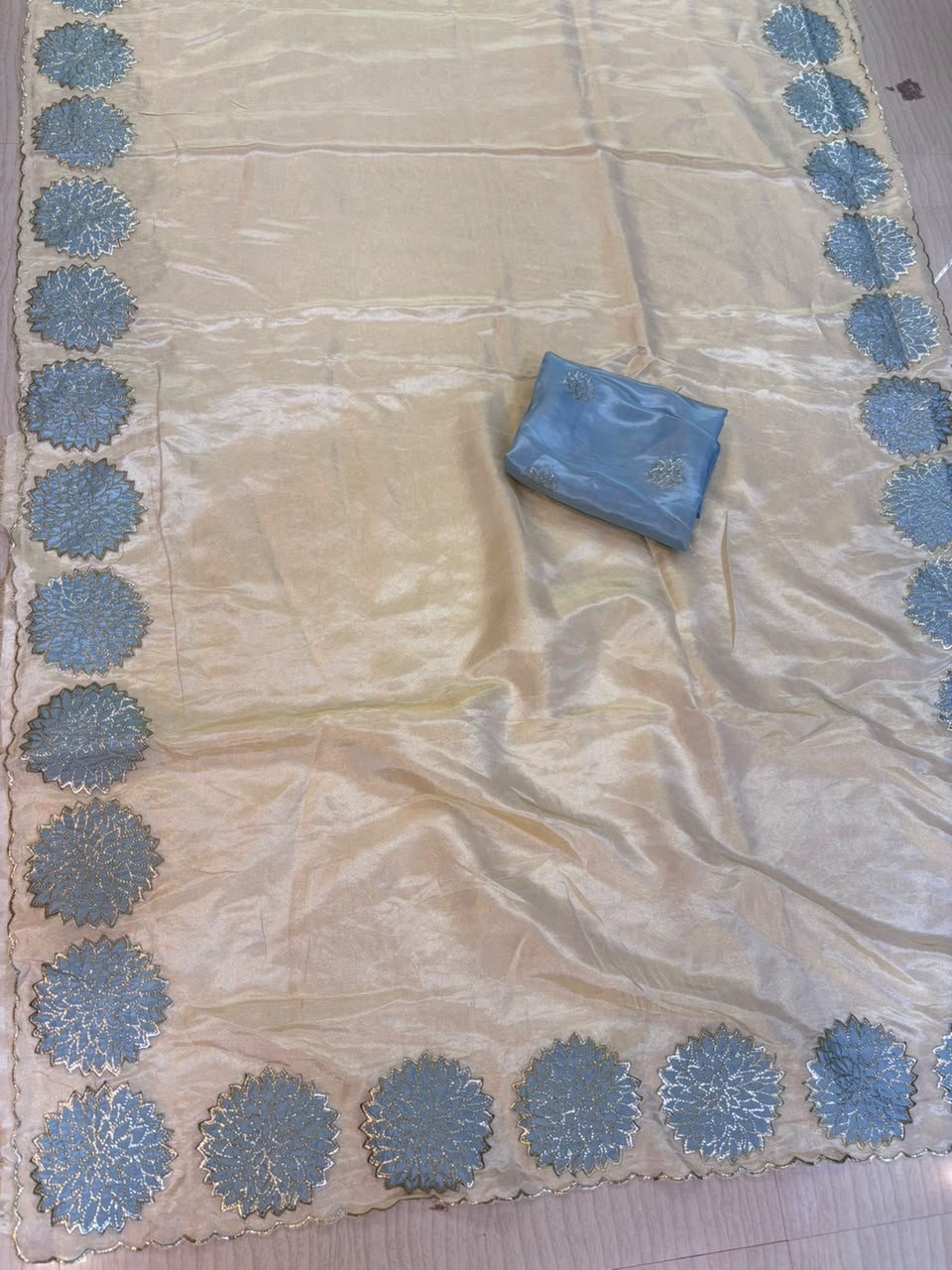 Golden Butter Tissue Saree with Silver Floral Cutwork Border