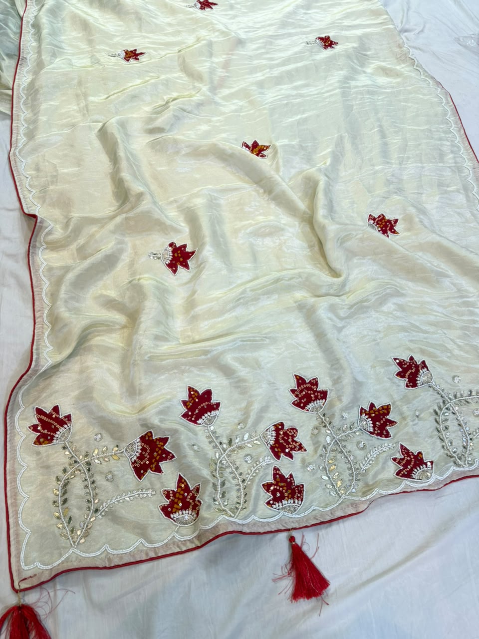 Beautiful Tissue Cosmos Saree With Handwork