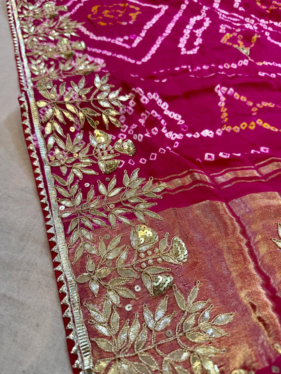 Pure Fabiana Gajji Silk Hand Bandhani X Ghatchola Saree With Handwork
