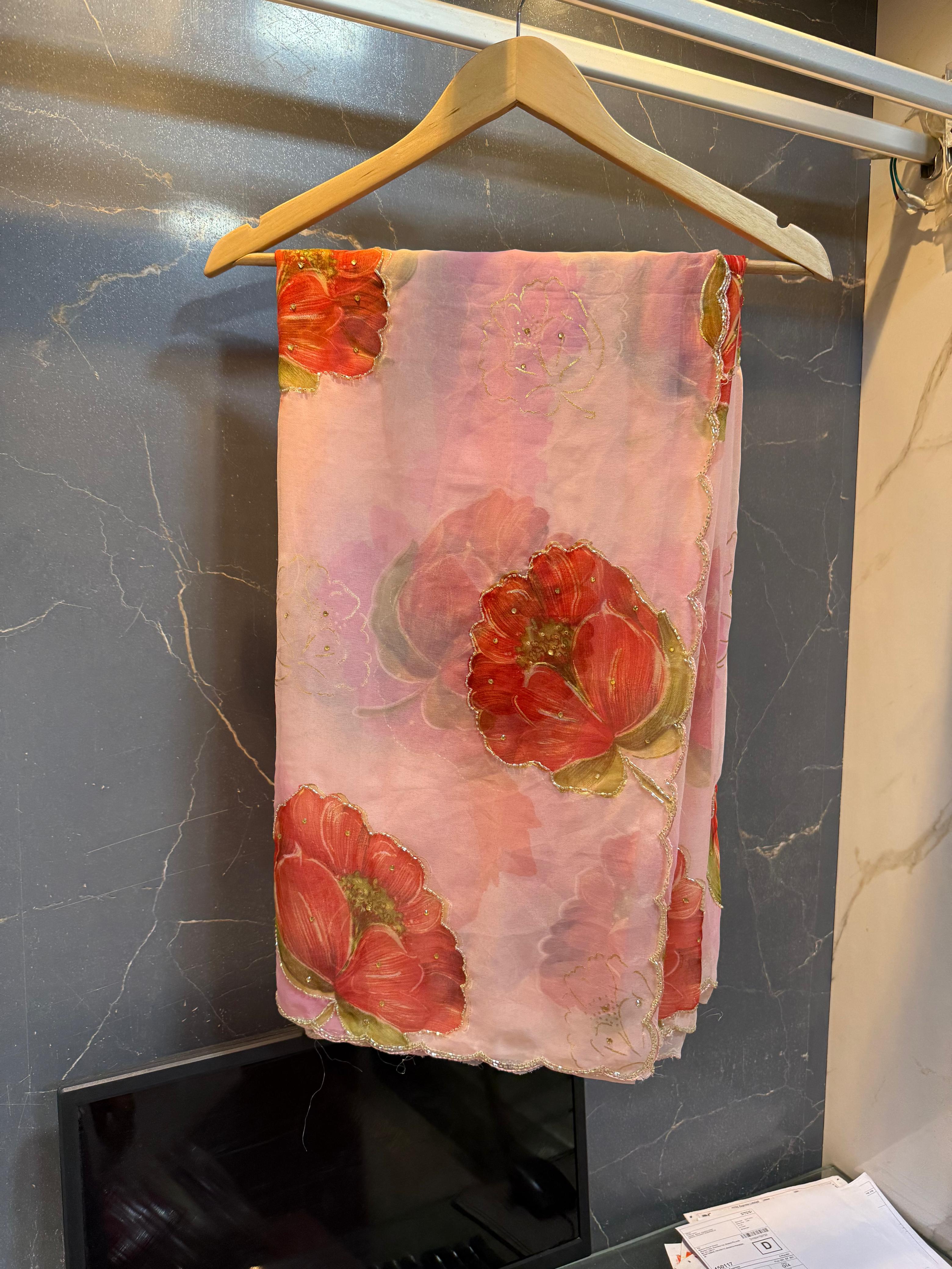 Beautiful Flower Print Georgette Saree With Handwork Touching