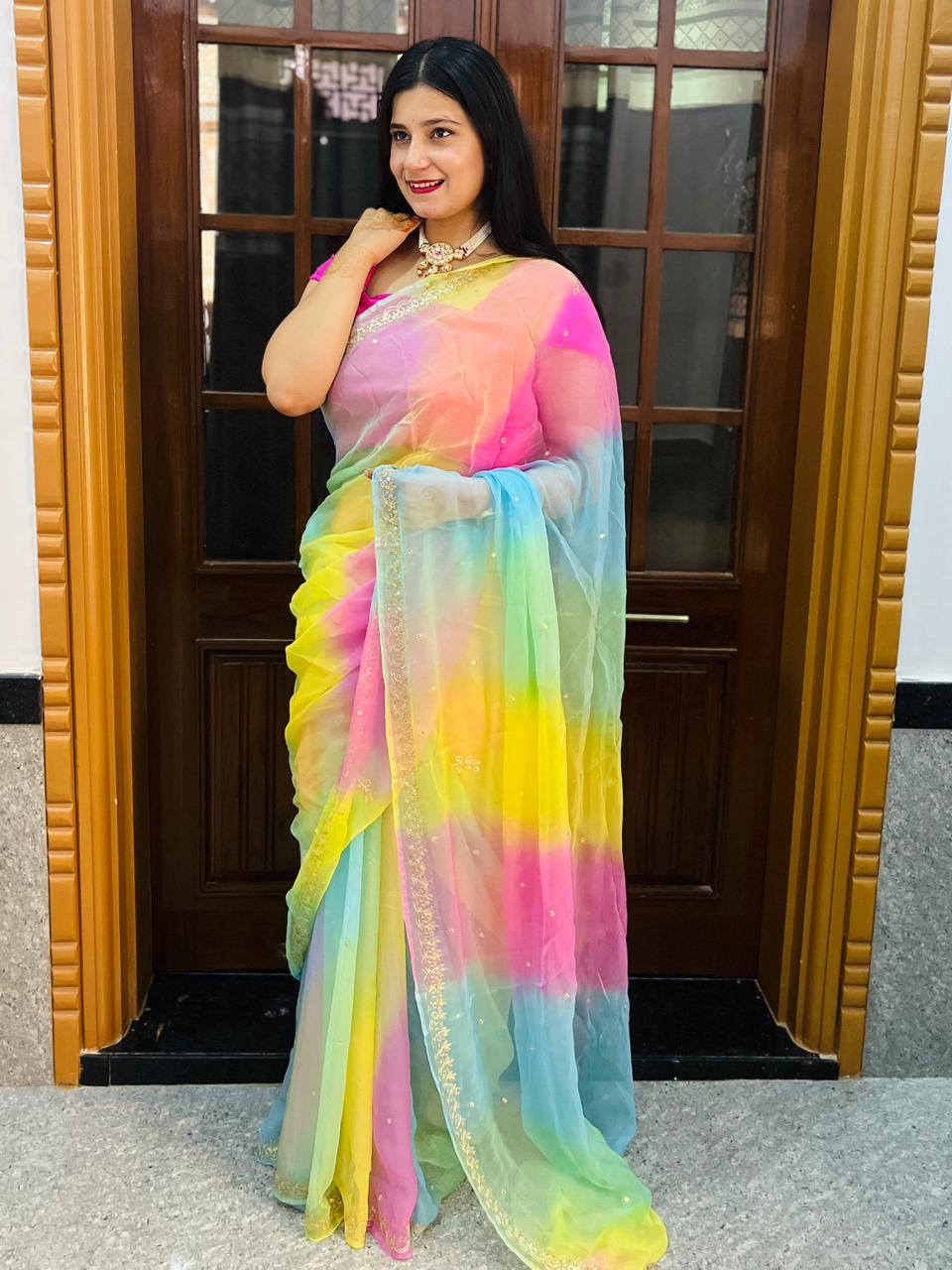 Designer Pure Chiffon  Samundari Leheriya Saree With Handwork