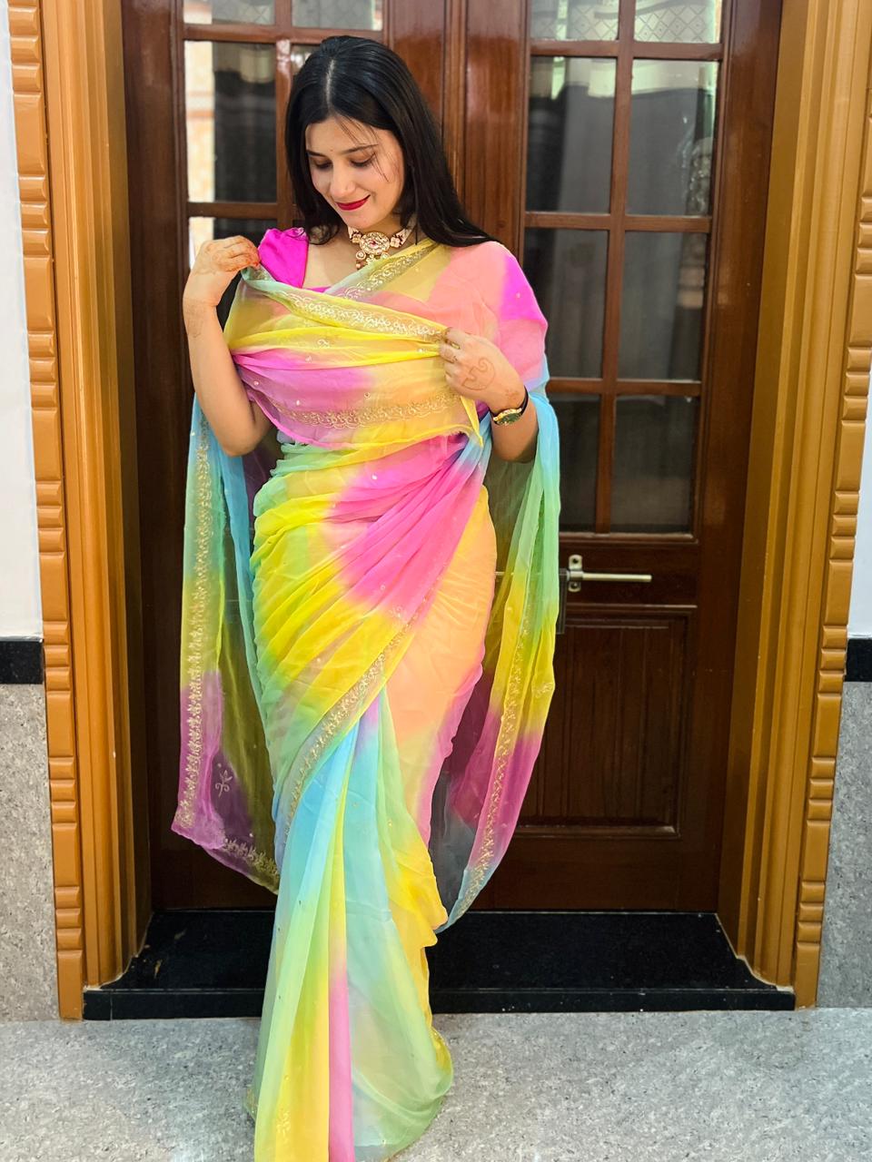 Designer Pure Chiffon  Samundari Leheriya Saree With Handwork