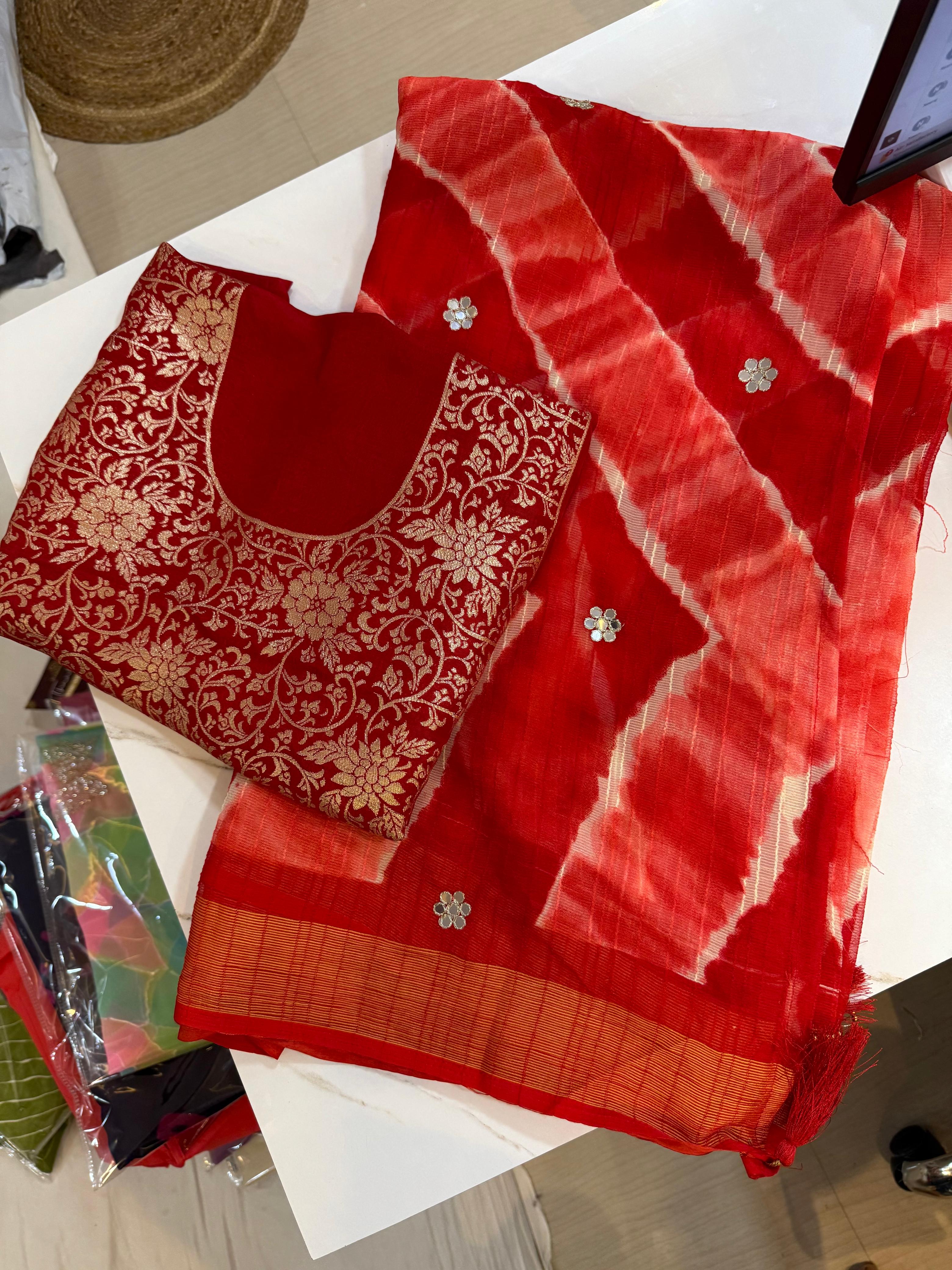 Beautiful Fancy KOTA Linan Lahriya Saree With Handwork