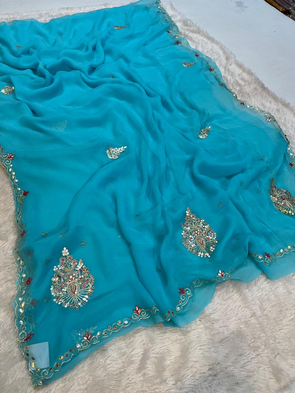 Beautiful Chiffon Saree With Premium Handwork