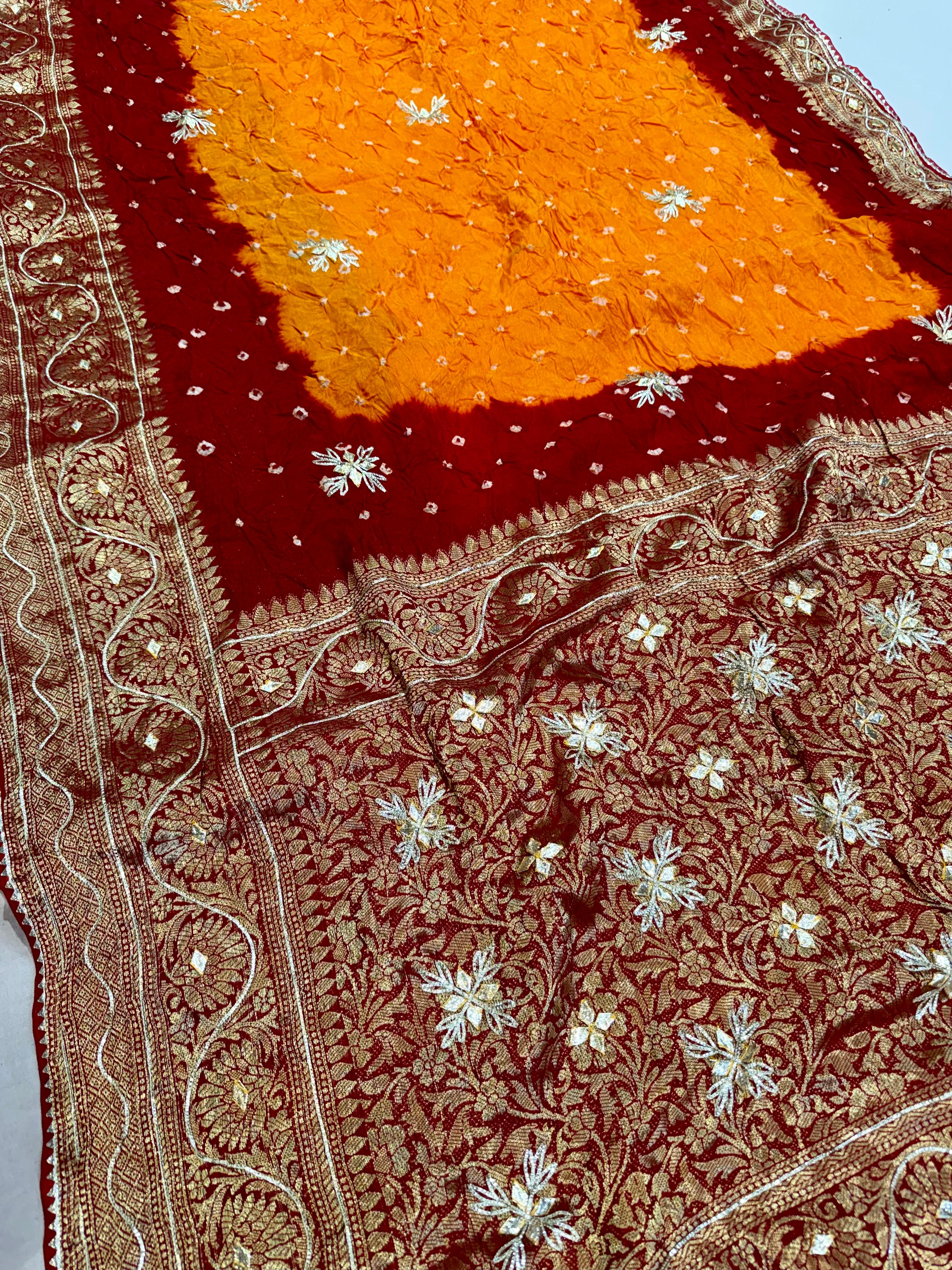 Traditional Art Silk Febric Hand Bandhej Saree With Gottapatti Work