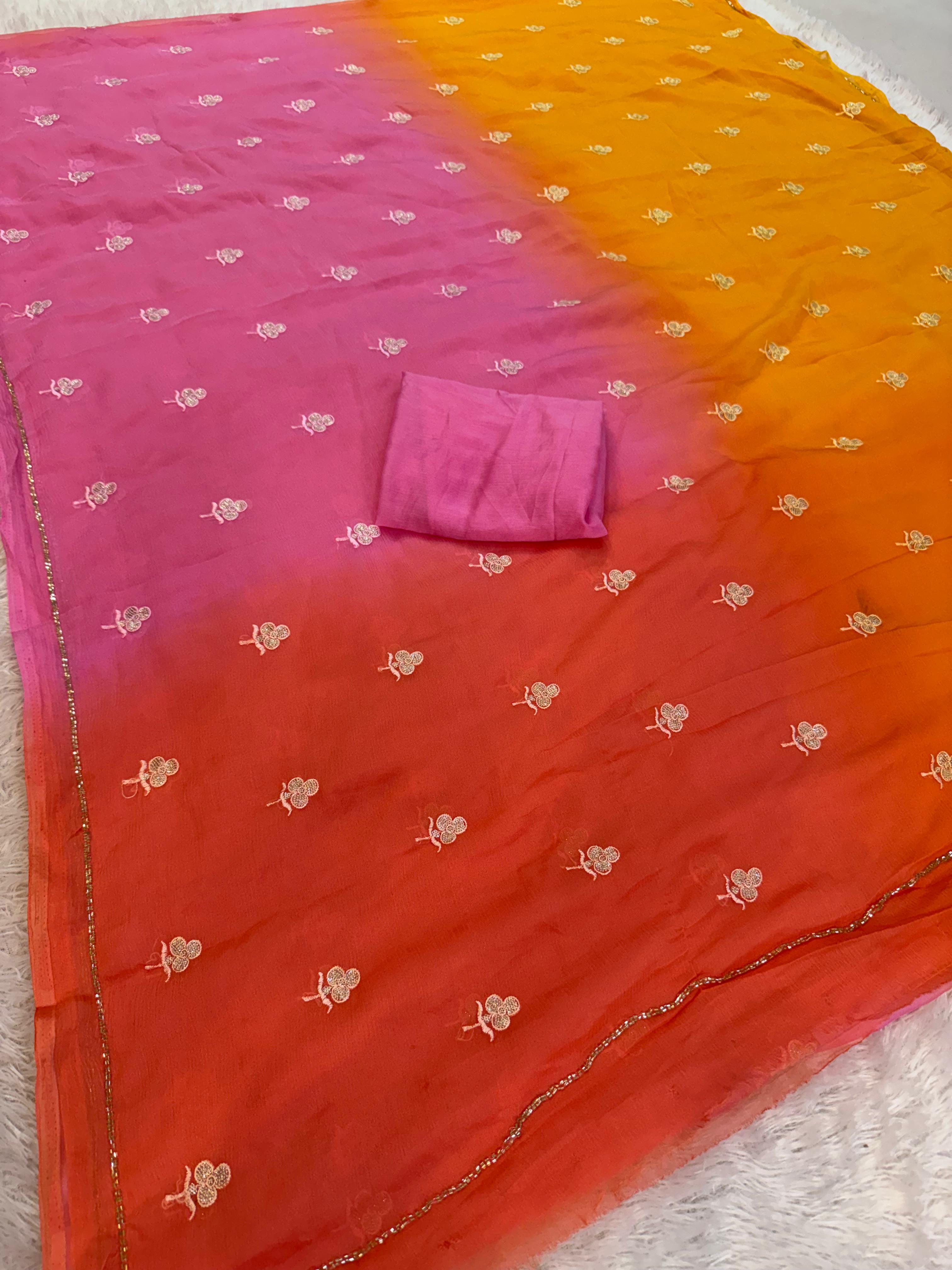 Designer Semi Chiffon Multi Dye Saree With Handwork