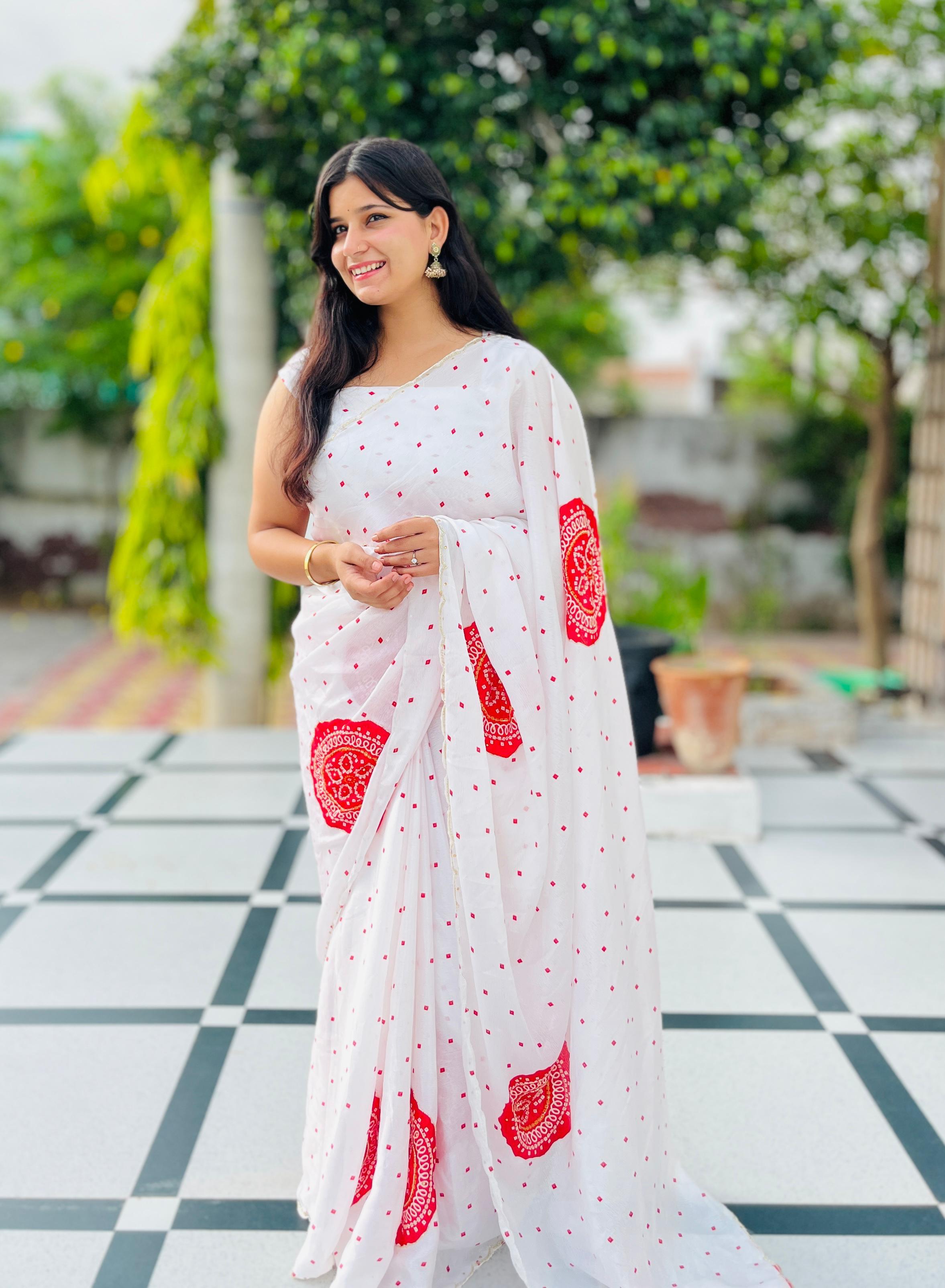 Latest Semi Chinon Bandhani  Saree With Handwork