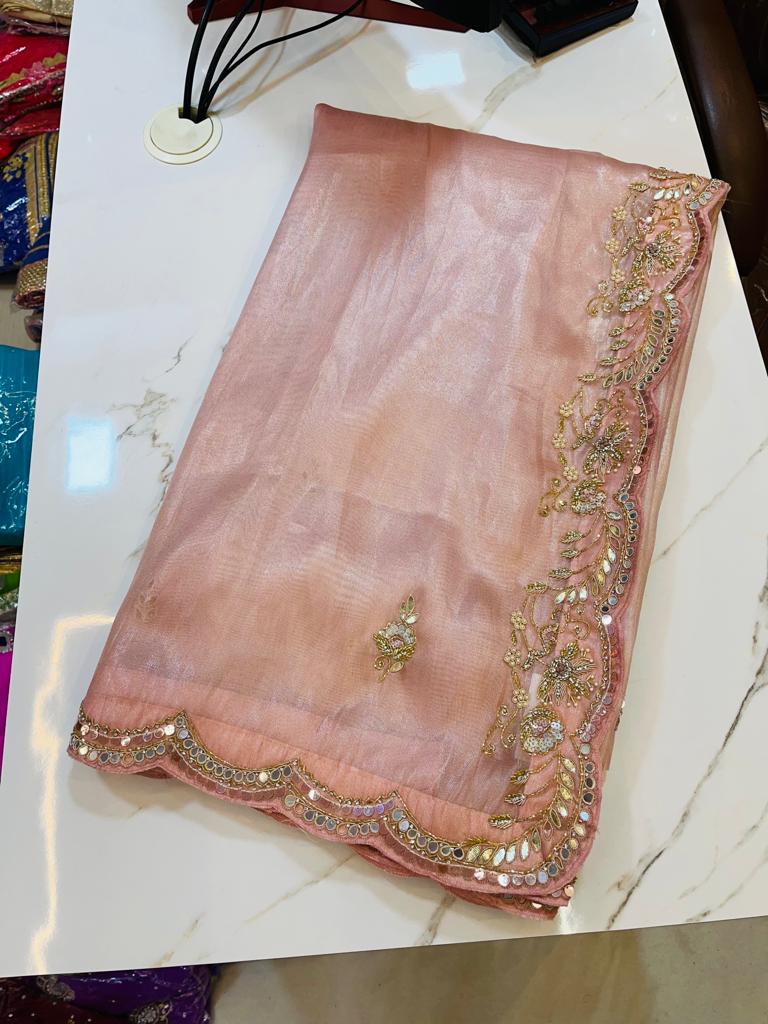 Tissue Rose Gold Saree With Premium Handwork