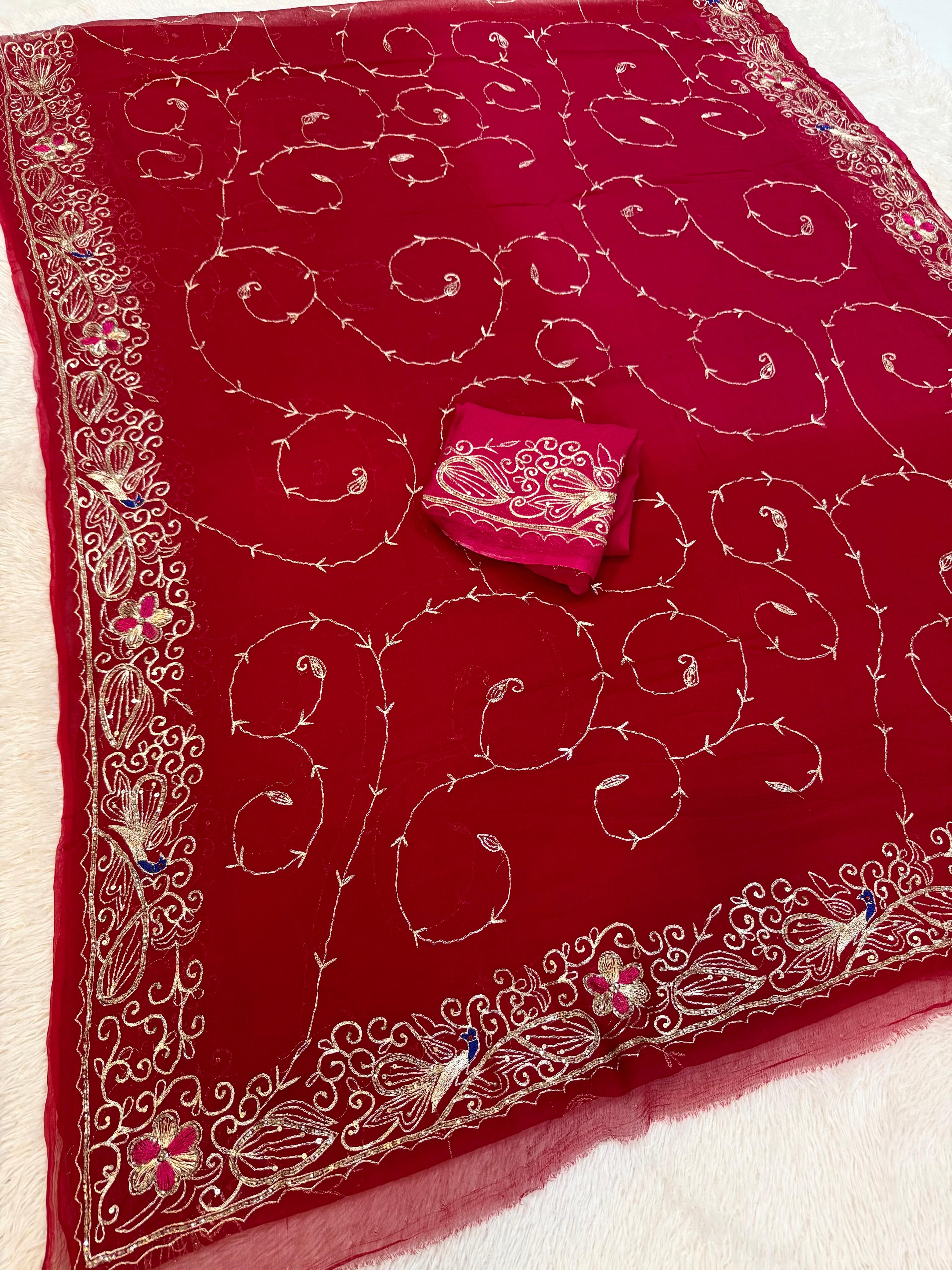 Luxury Multi Dye Pure Chiffon Kasab Jaal Handwork Rajwada Look Saree