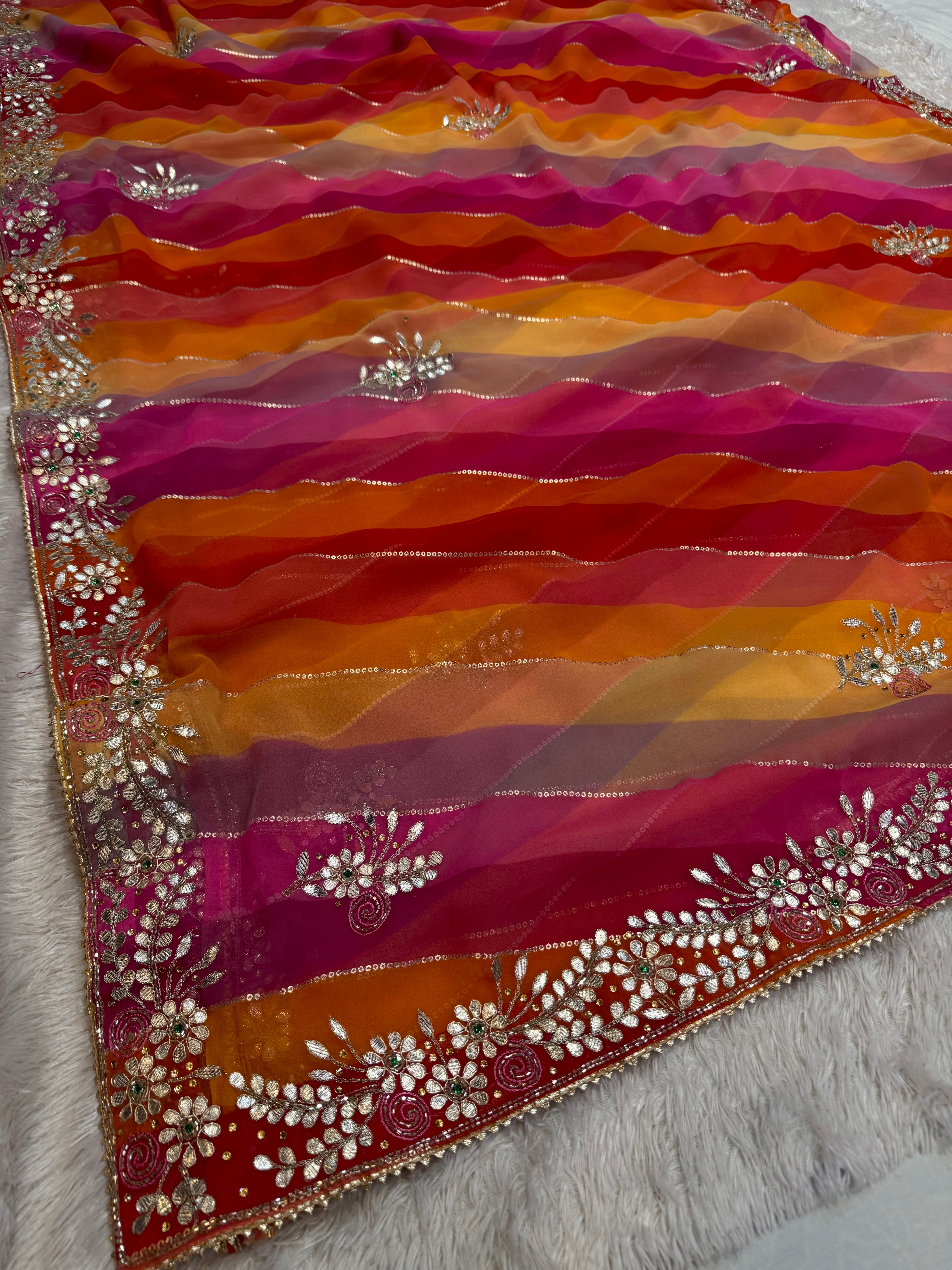 Designer Multi Leheriya Saree With Handwork