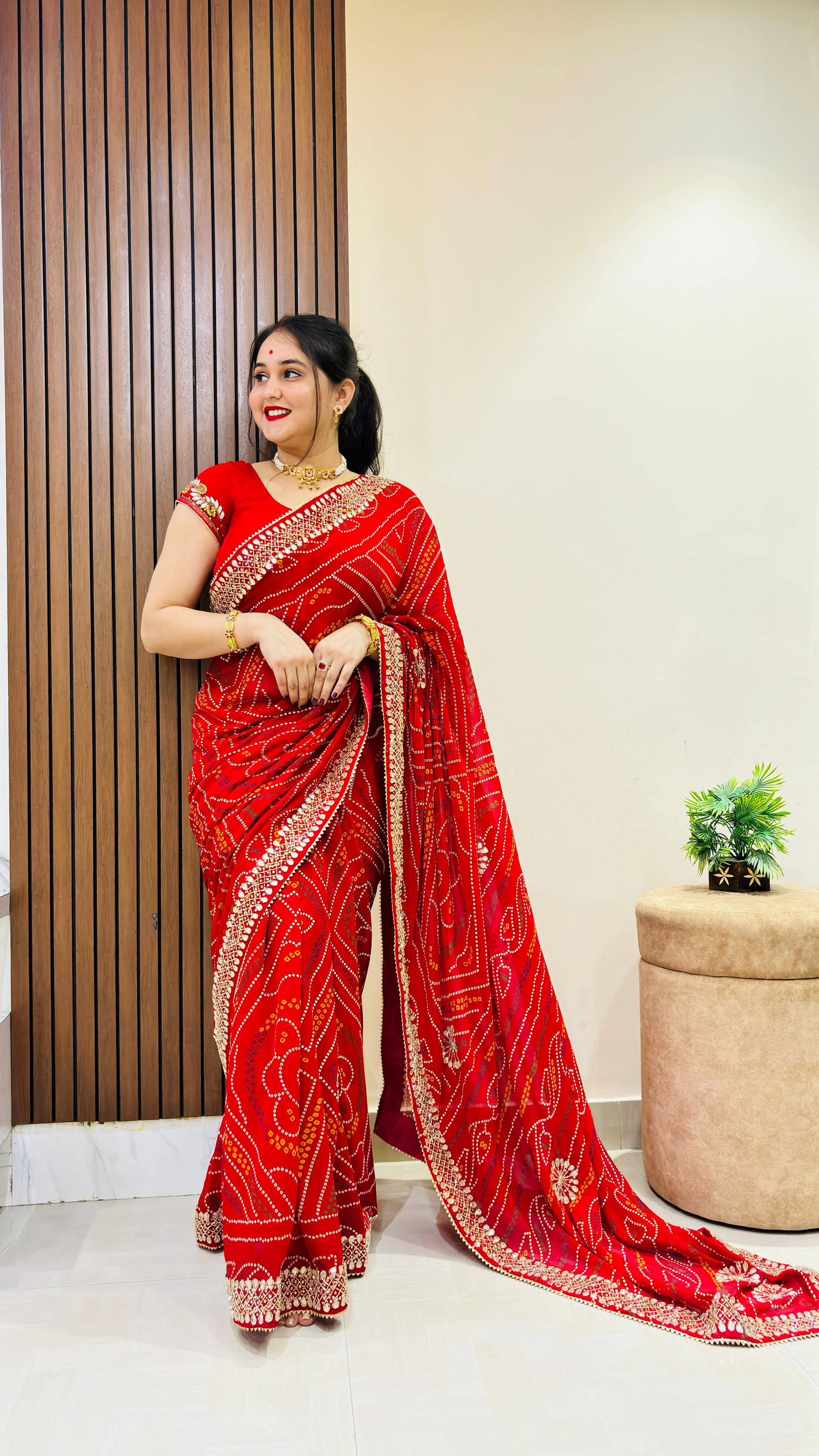 Pure Viscose Georgatte Fabric Bandhni Print Saree With HandWork