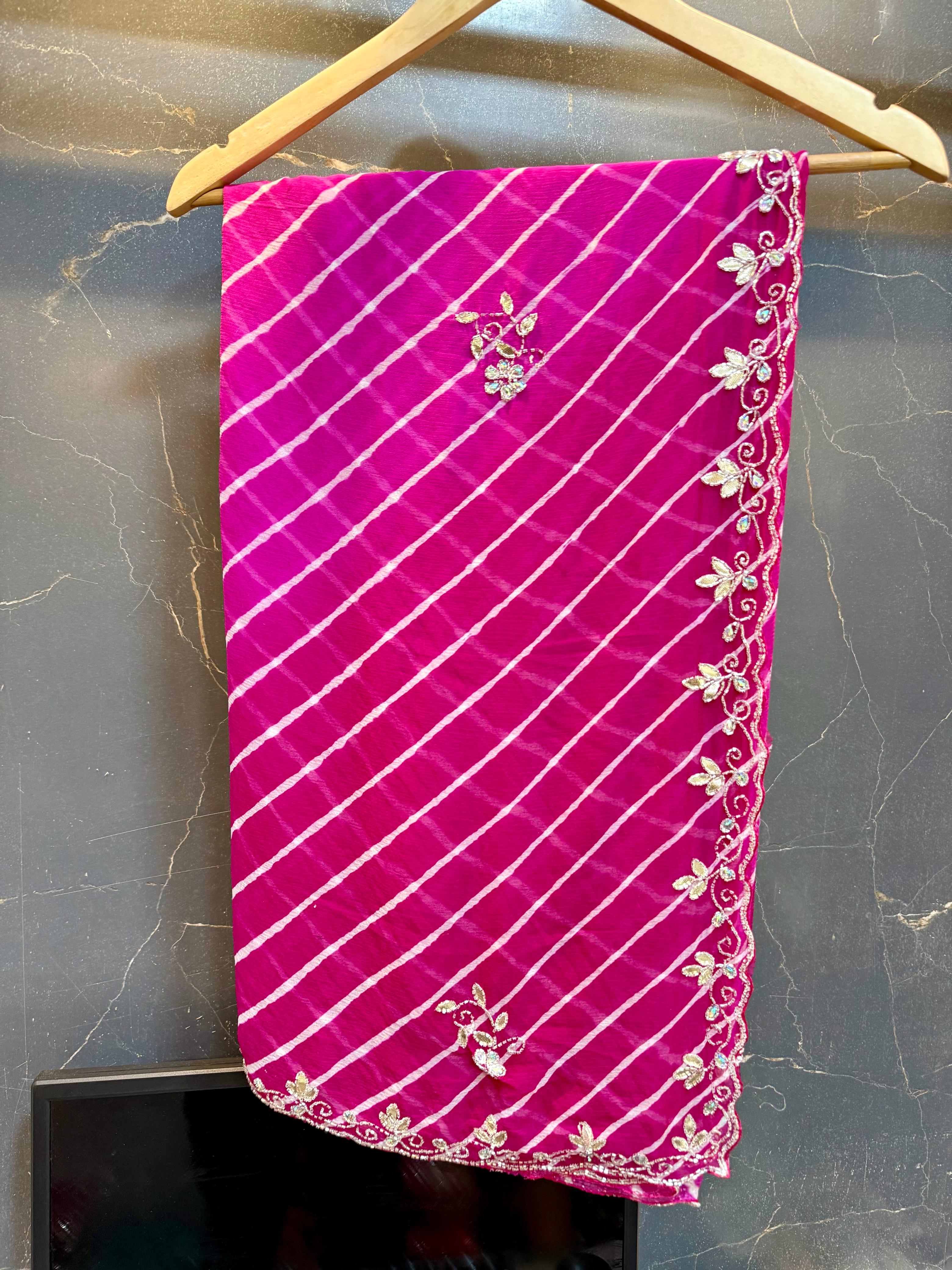 Beautiful Semi Chiffon Lahriya Saree With Handwork