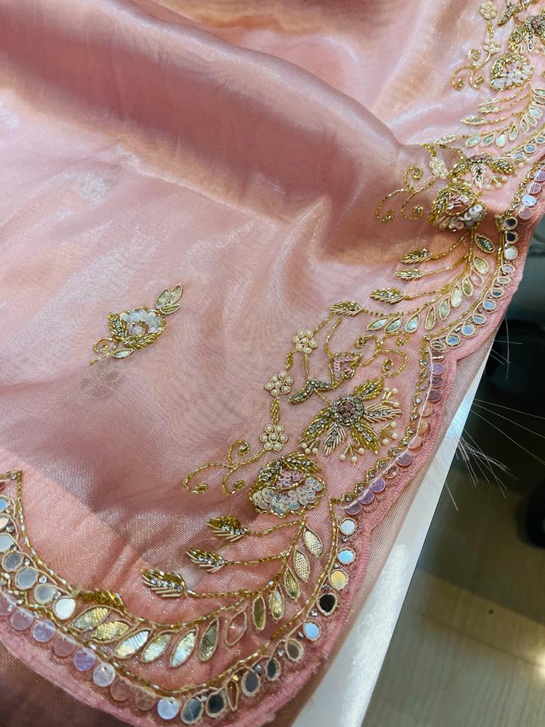 Tissue Rose Gold Saree With Premium Handwork