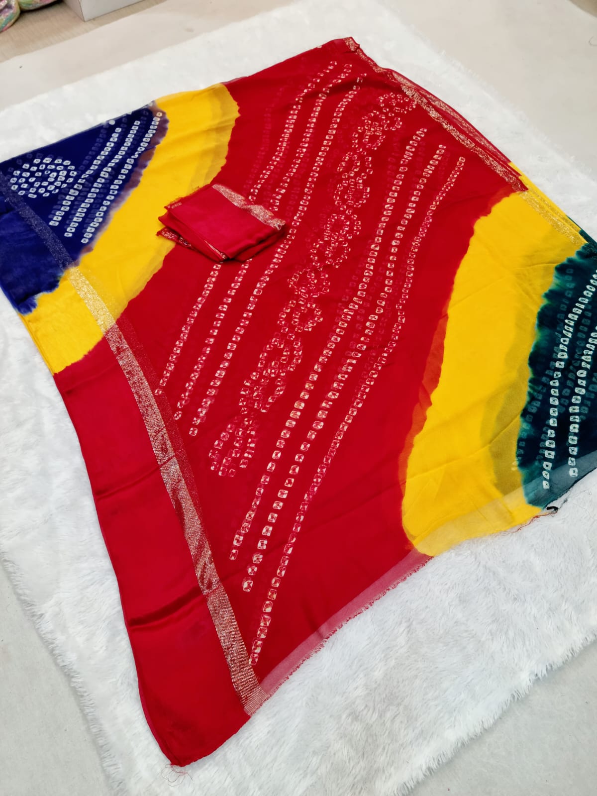 Pure Viscose Georgette Hand Bandhej Saree Multi