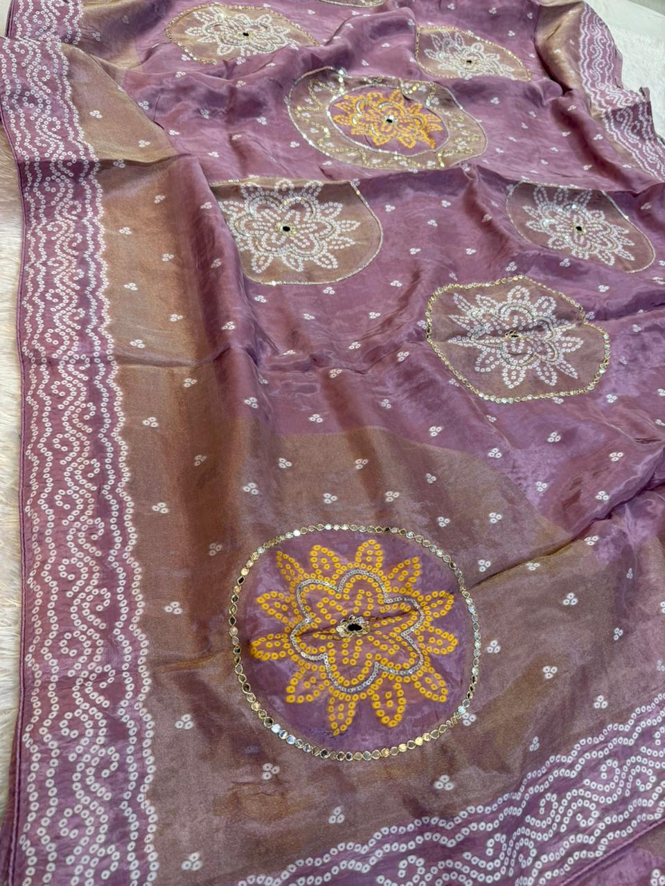 Beautiful H O Silk X Tissue Febric  Saree With Handwork