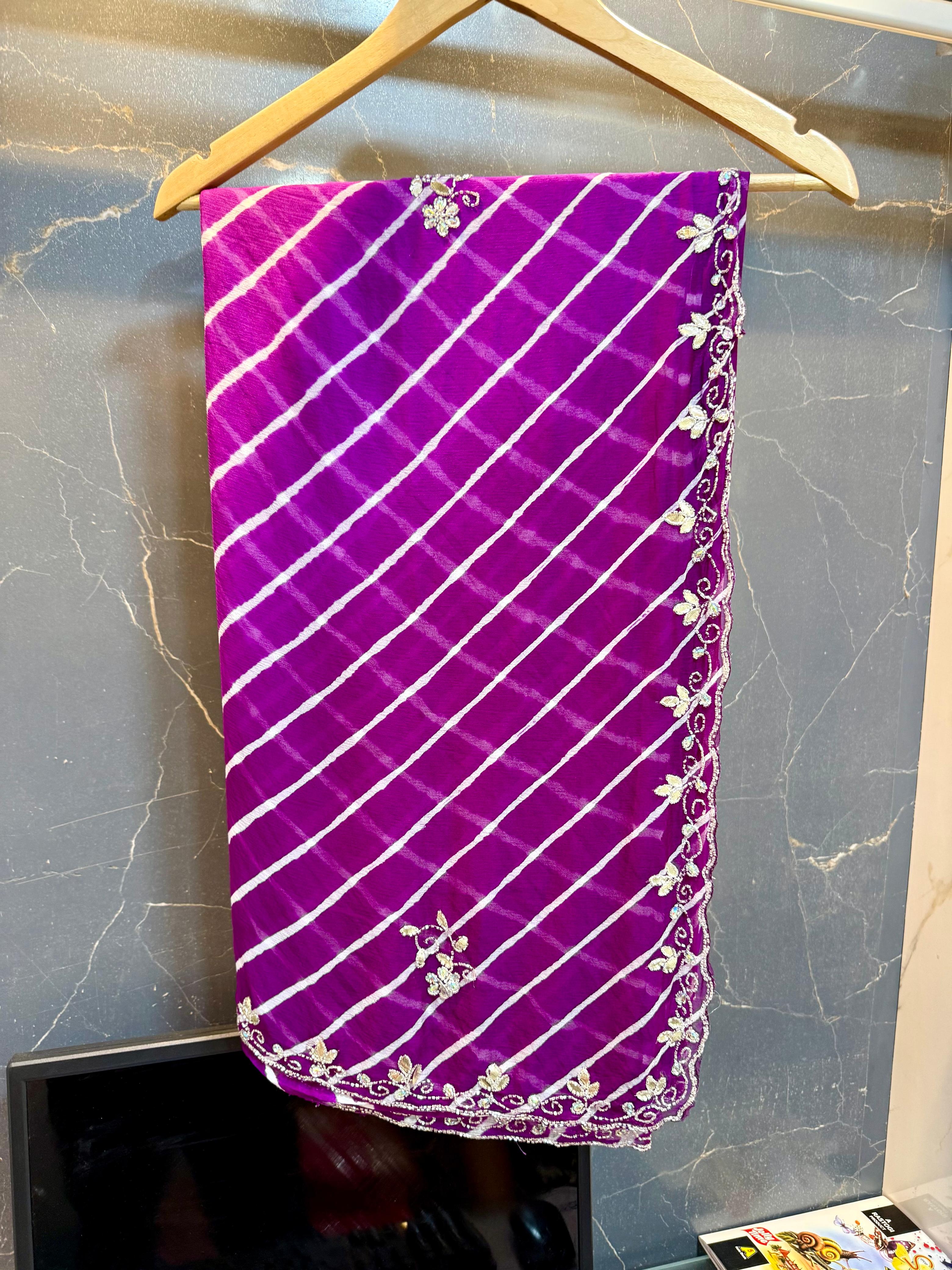 Beautiful Semi Chiffon Lahriya Saree With Handwork