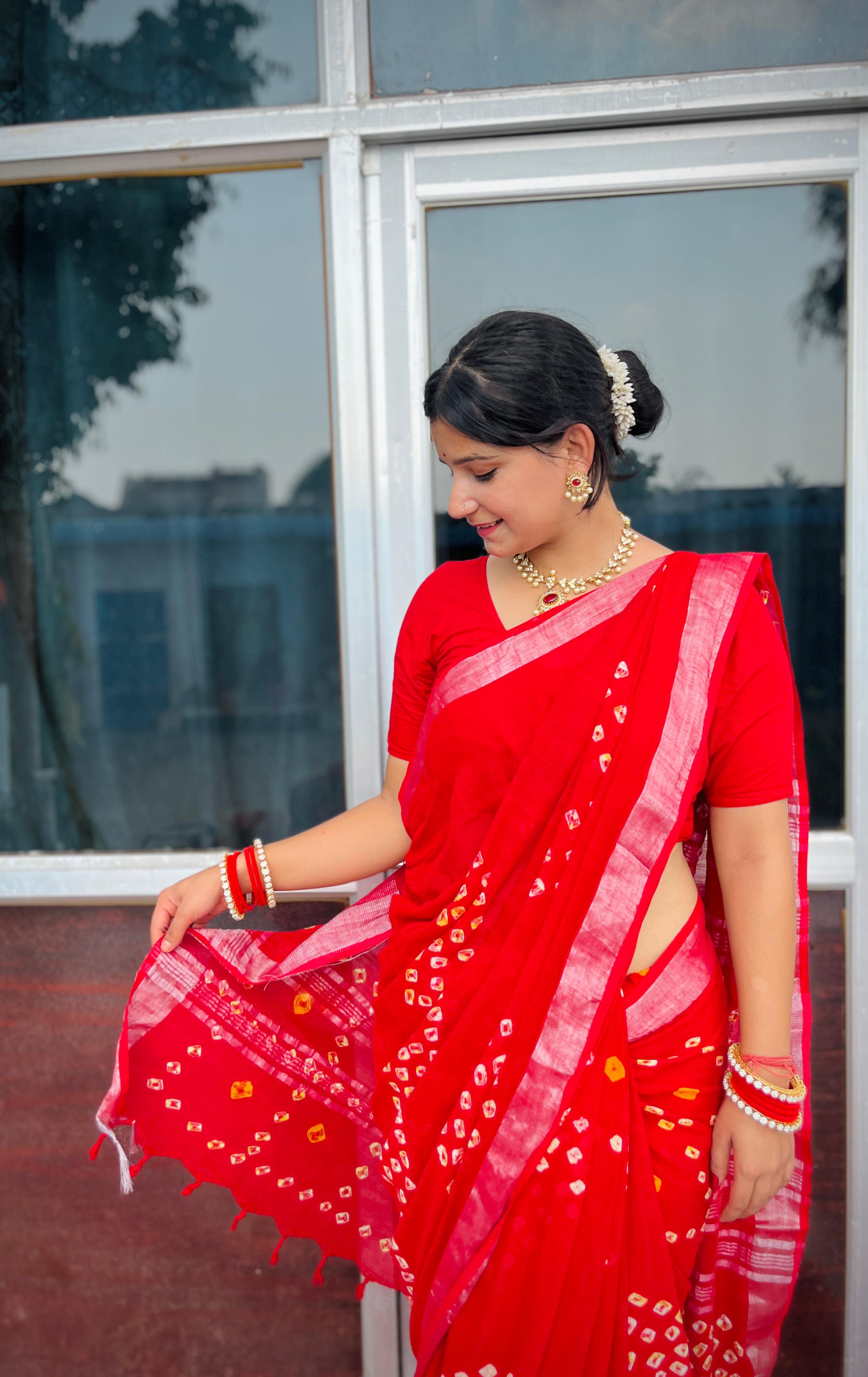 Linan Cotton Saree Hand Bandhej Jaipuri Design