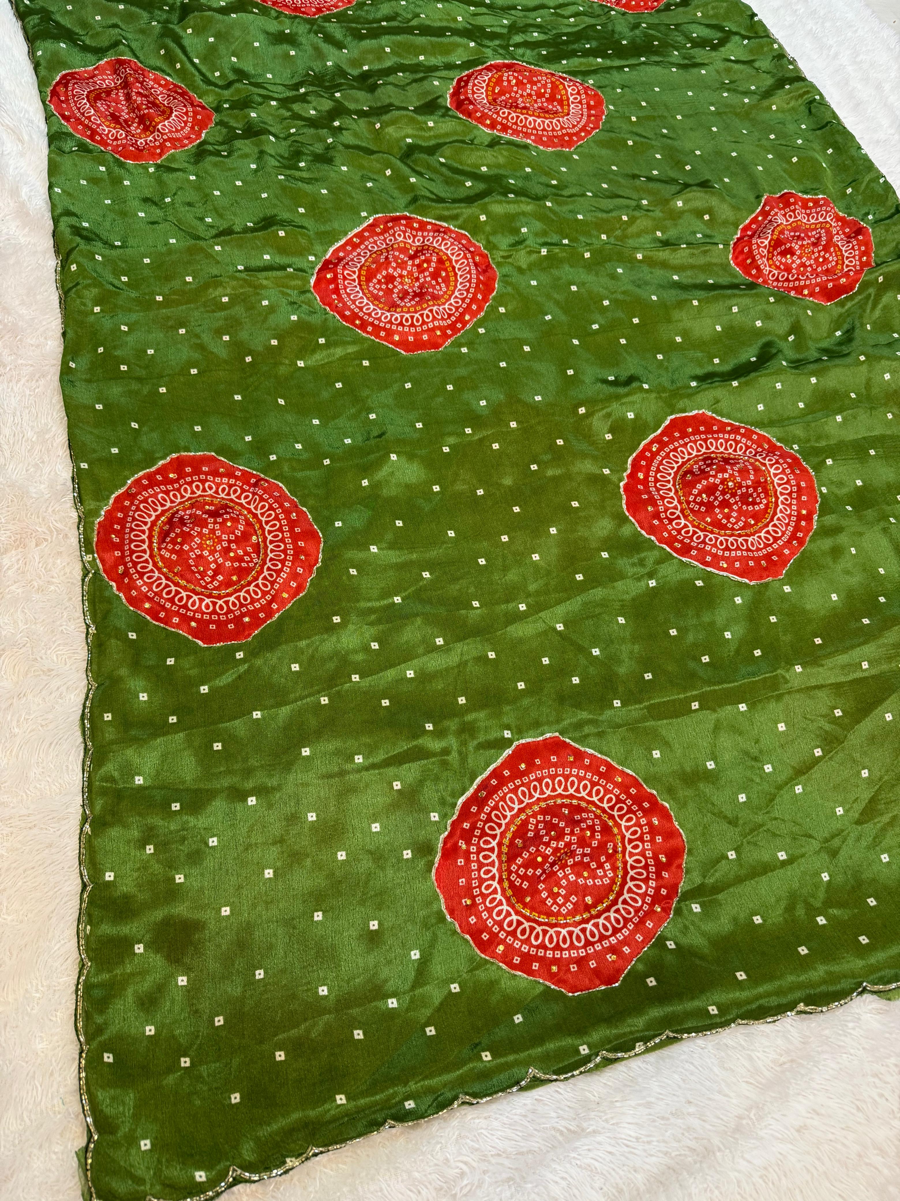 Latest Semi Chinon Bandhani  Saree With Handwork
