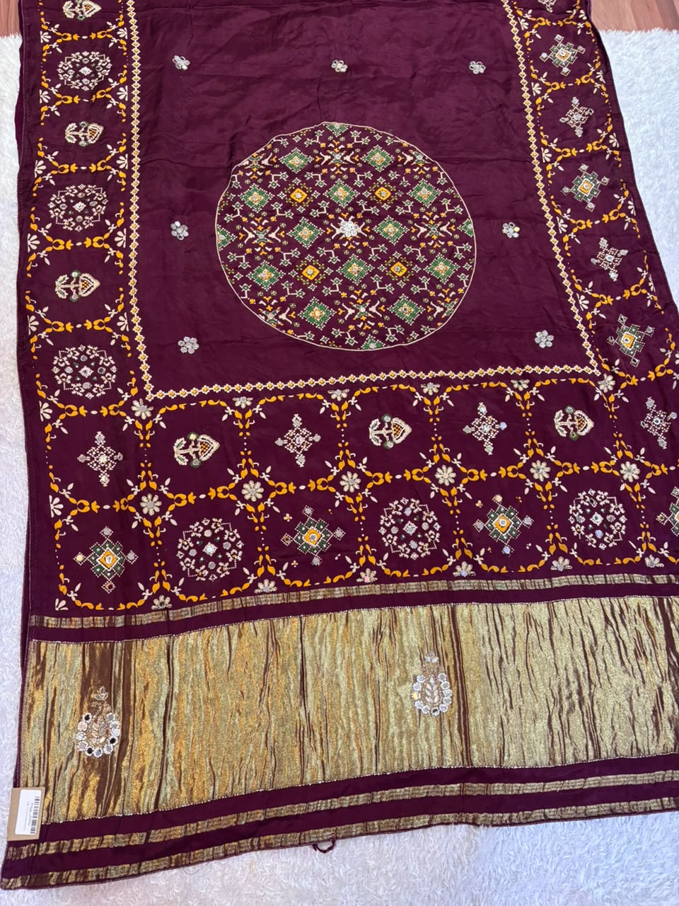 Modal Gajji Silk Saree With Ajrak print & Handwork