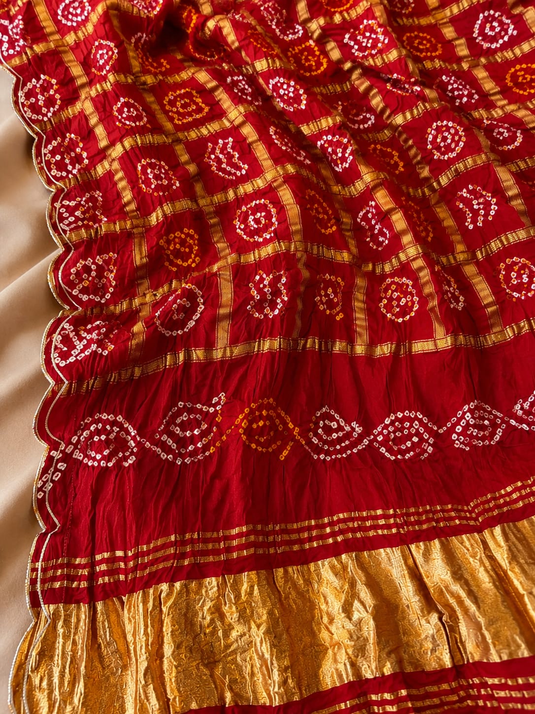 Traditional Red Bandhani Dupatta with Golden Zari Border