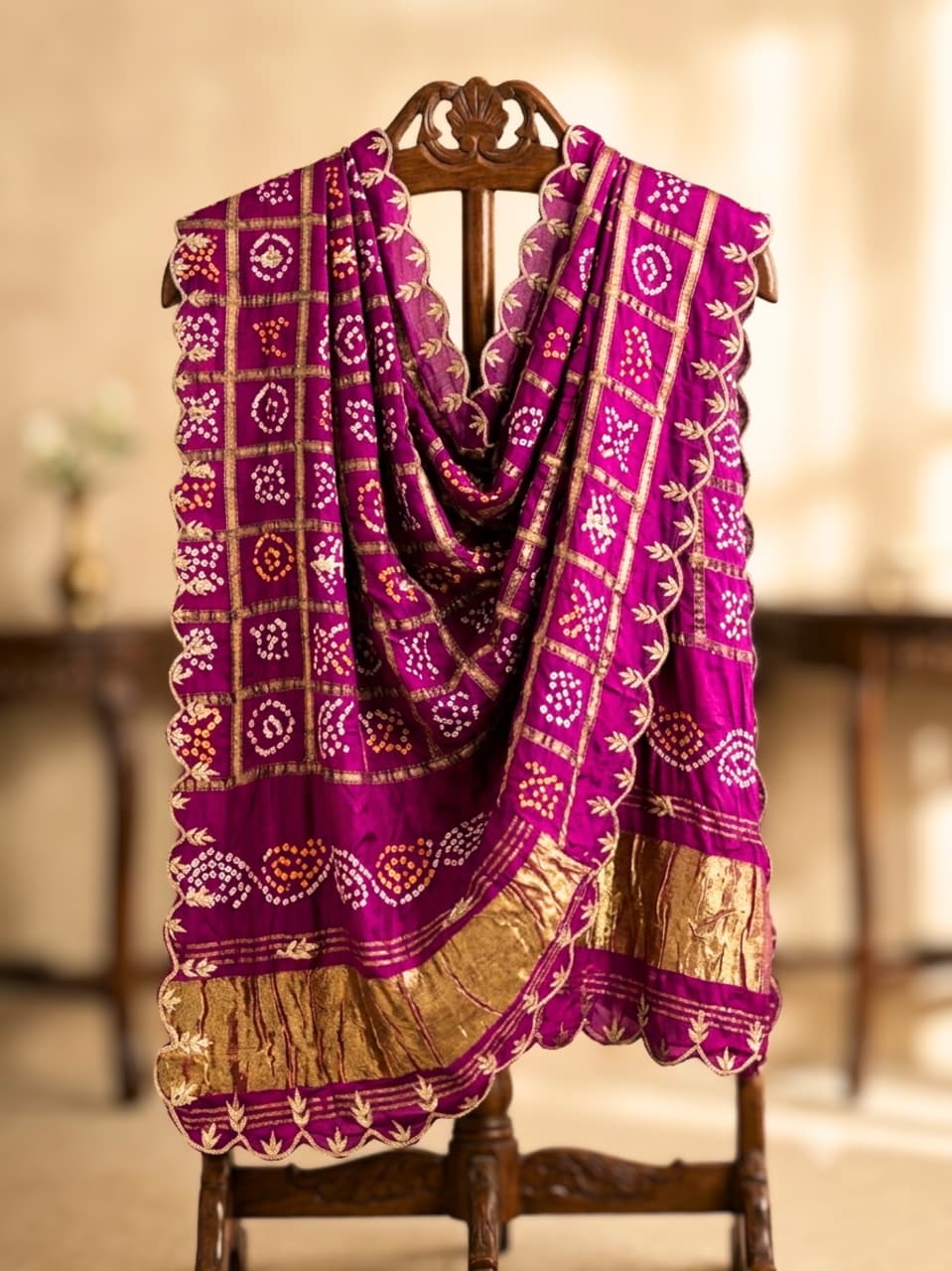 Traditional Bandhani Dupatta with Golden Zari Border