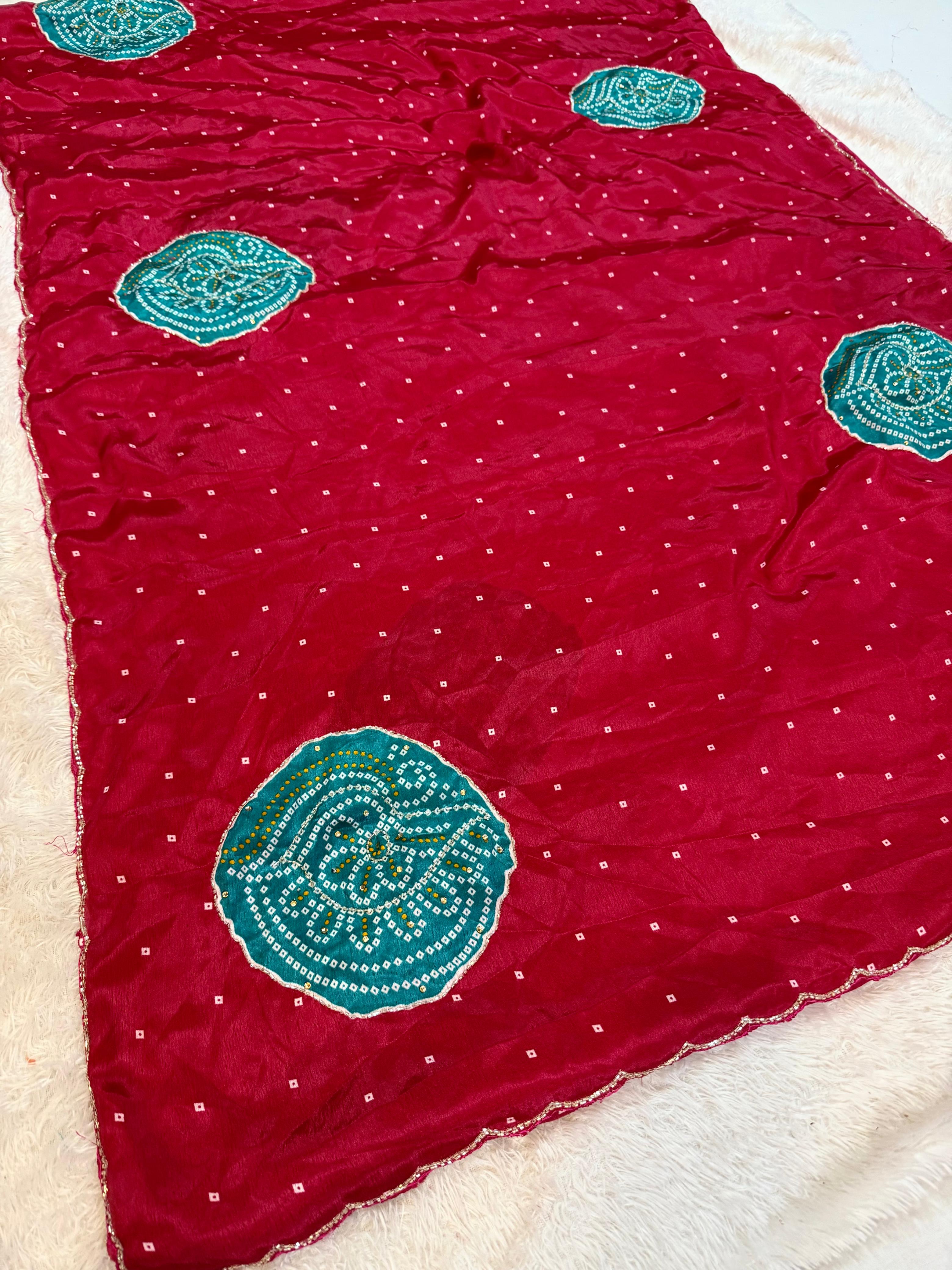 Latest Semi Chinon Bandhani  Saree With Handwork