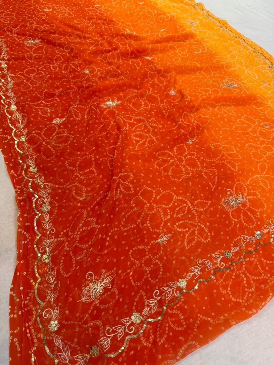 Beautiful Semi Chiffon Bandhani Saree With Handwork
