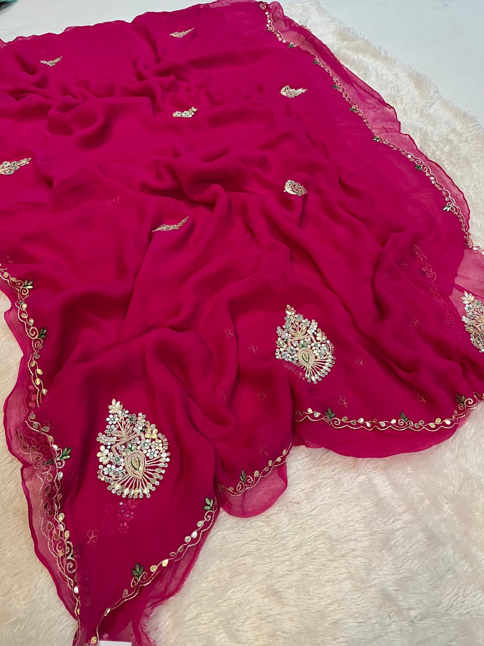 Beautiful Chiffon Saree With Premium Handwork