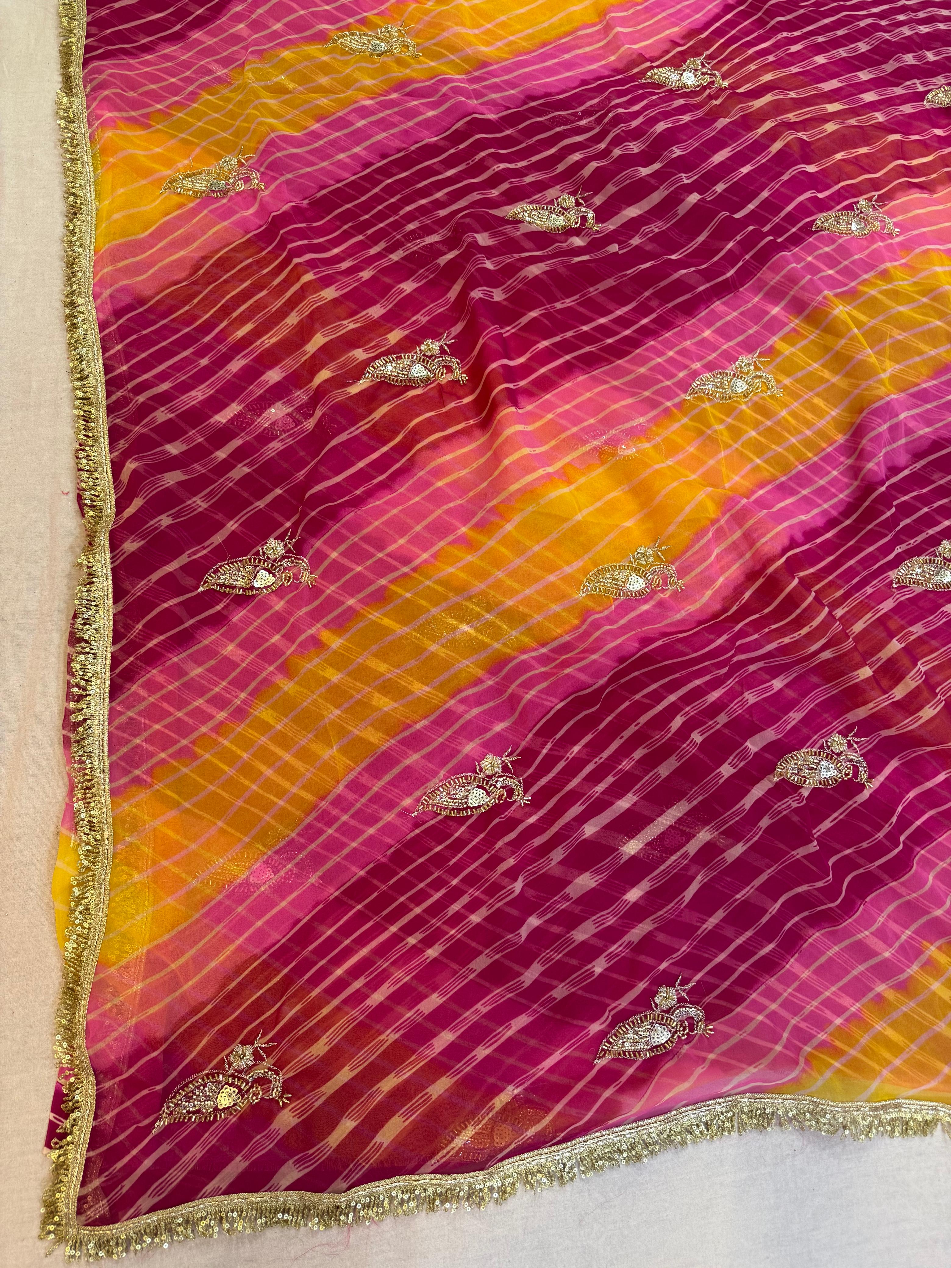 Latest Georgatte Leheriya Saree With Handwork Work