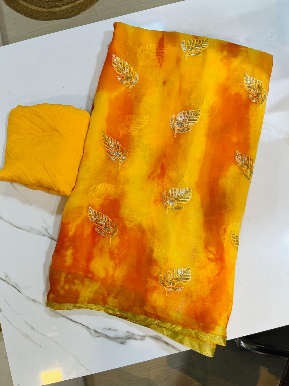 Beautiful Pure Chiffon Shibori Dye Saree With Handwork