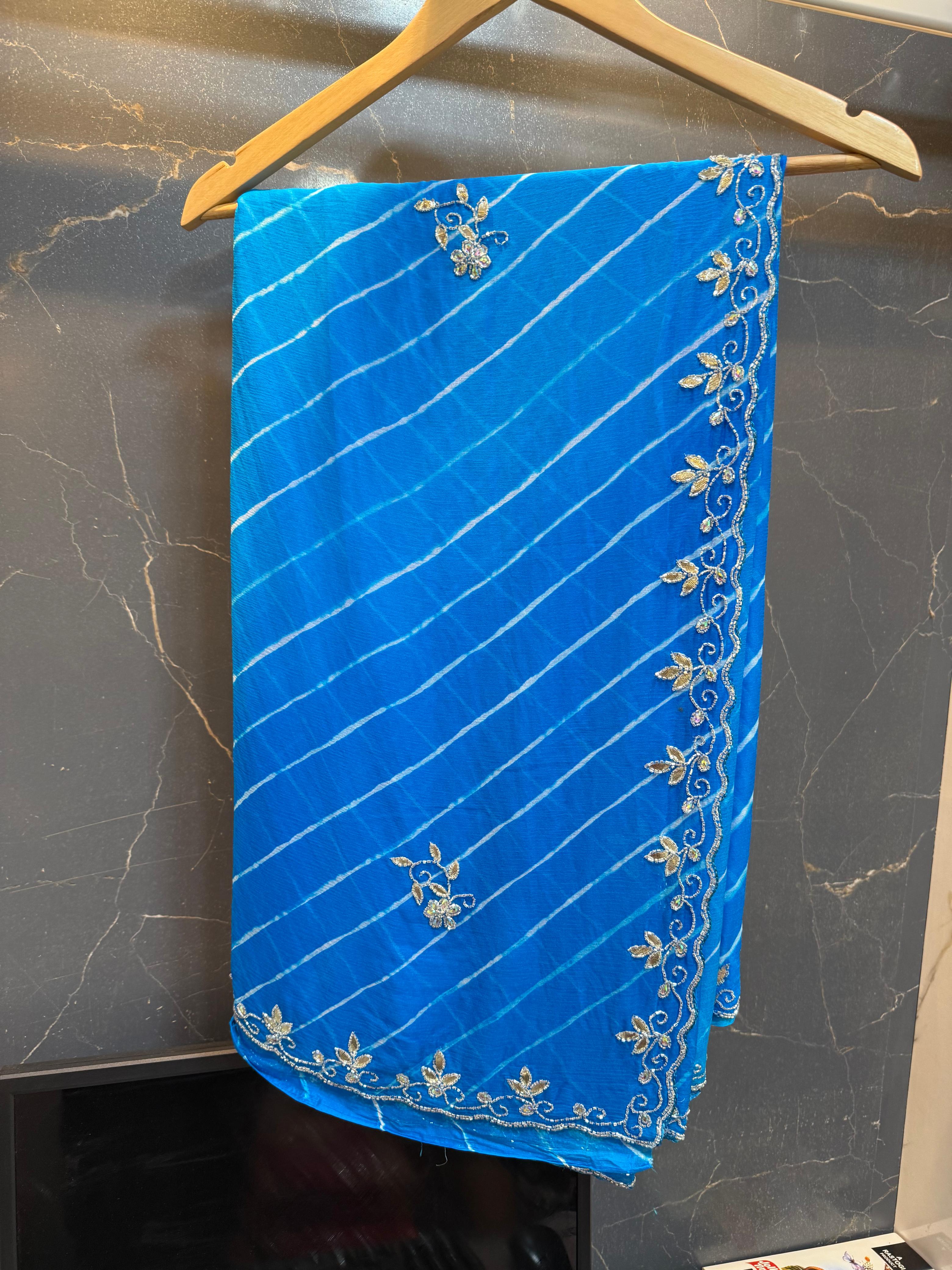 Beautiful Semi Chiffon Lahriya Saree With Handwork