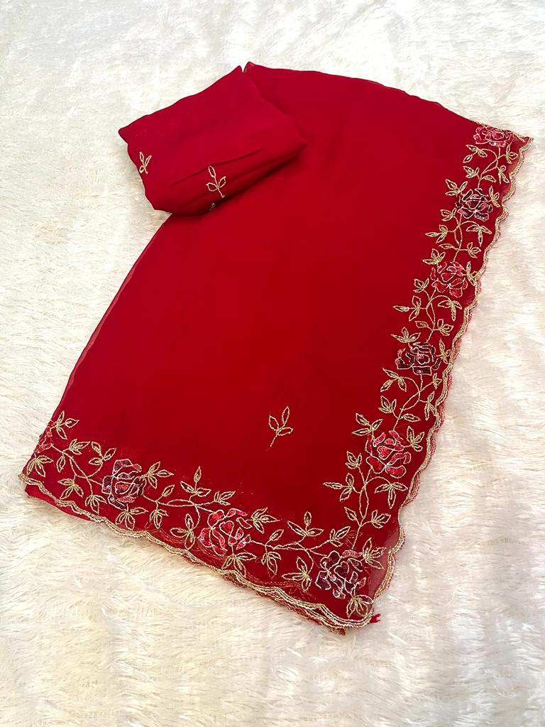 Beautiful Pure Chiffon Saree With Handwork