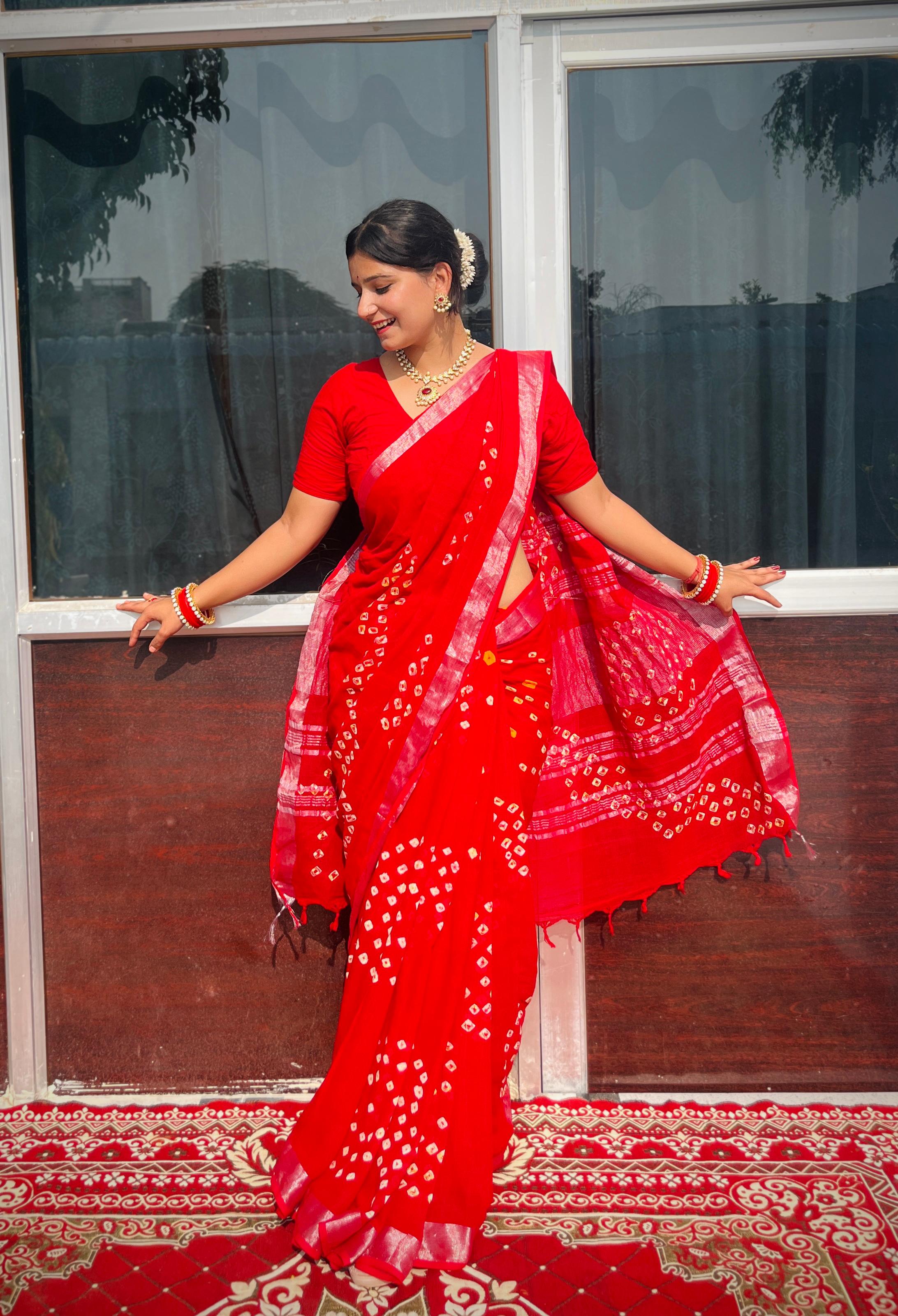 Linan Cotton Saree Hand Bandhej Jaipuri Design