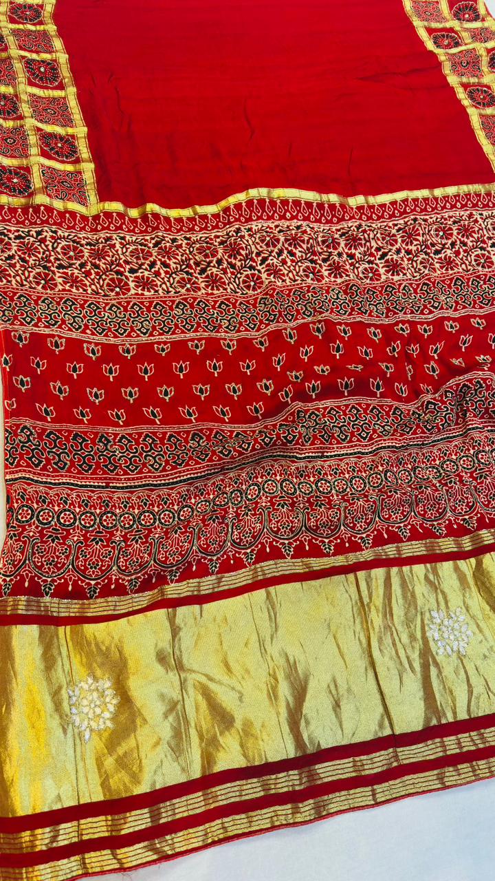 Designer Ajrak Saree With Handwork