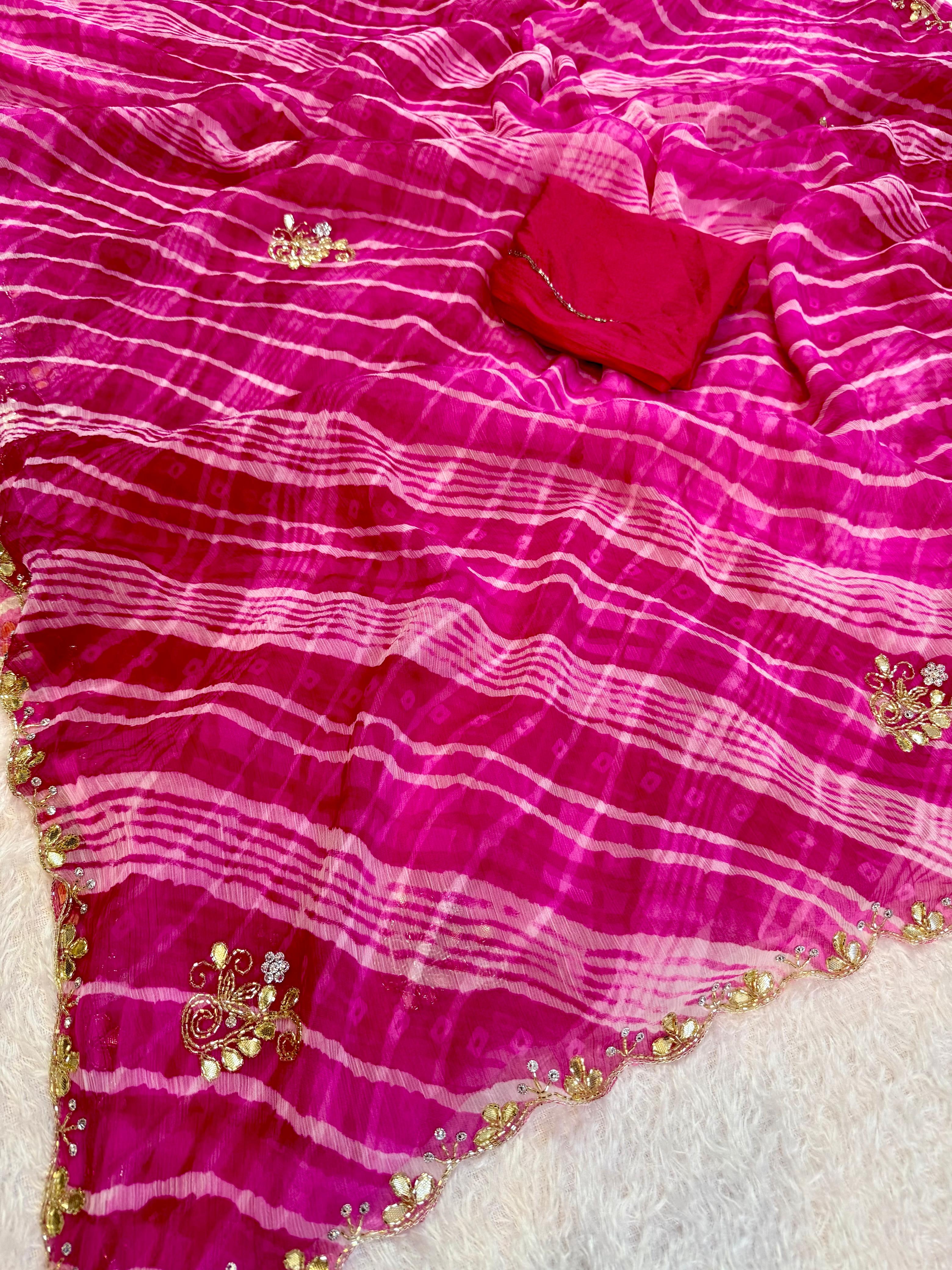 Latest Semi Chiffon Leheriya Saree With Handwork