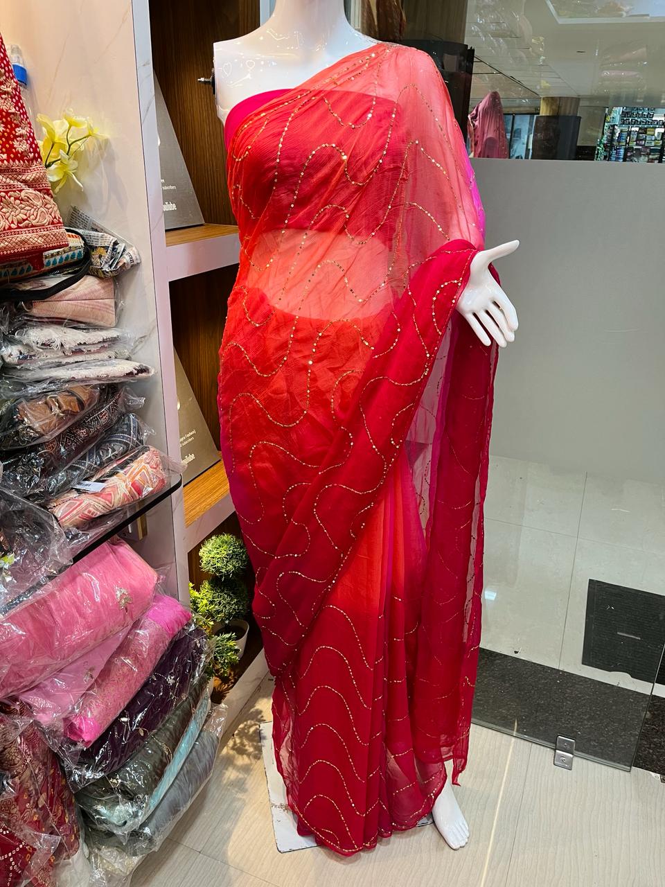 Beautiful Chiffon Saree With Sequence Handwork