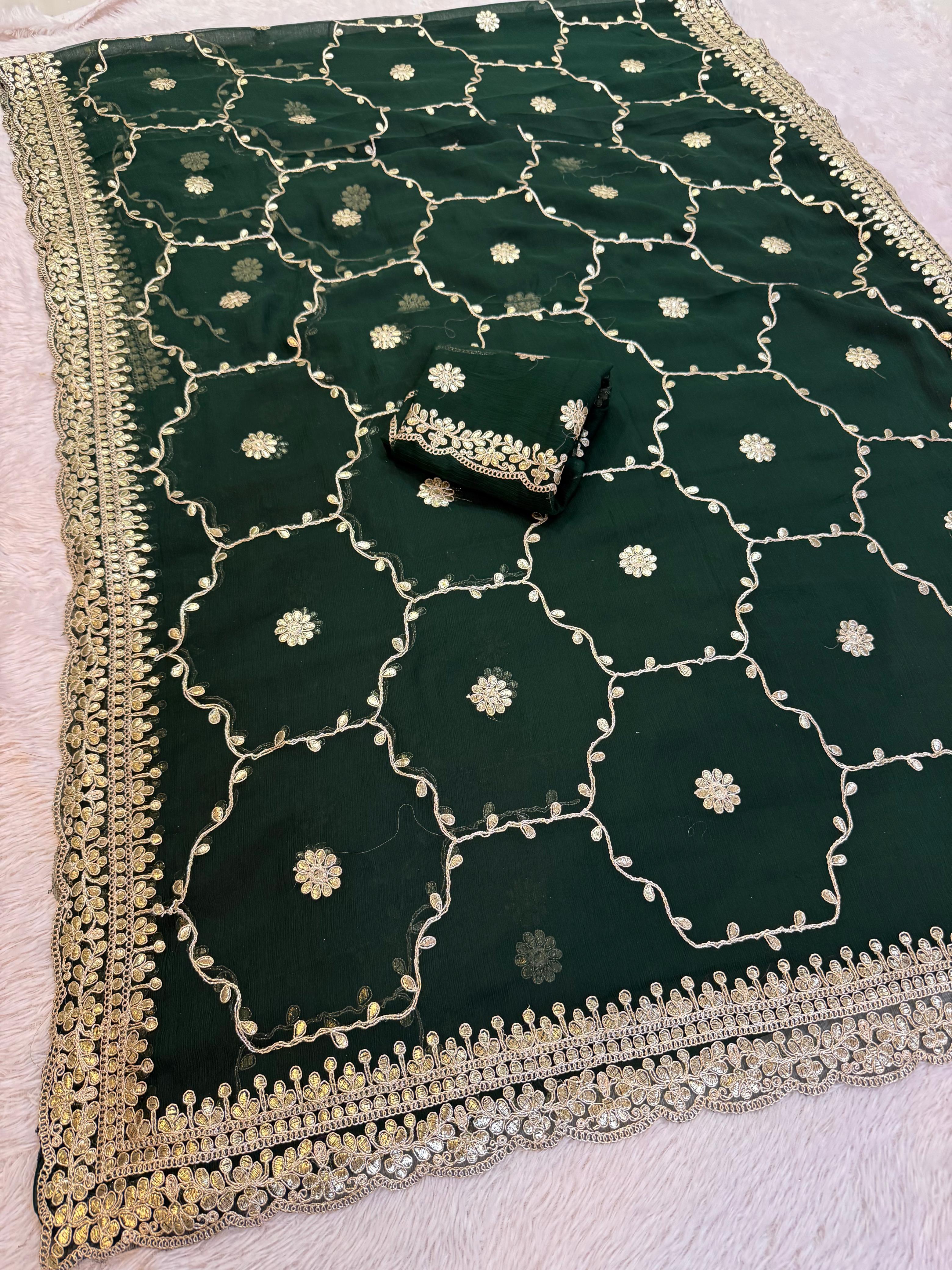 Traditional Semi Chiffon Saree With Jarman Gottapatti Work