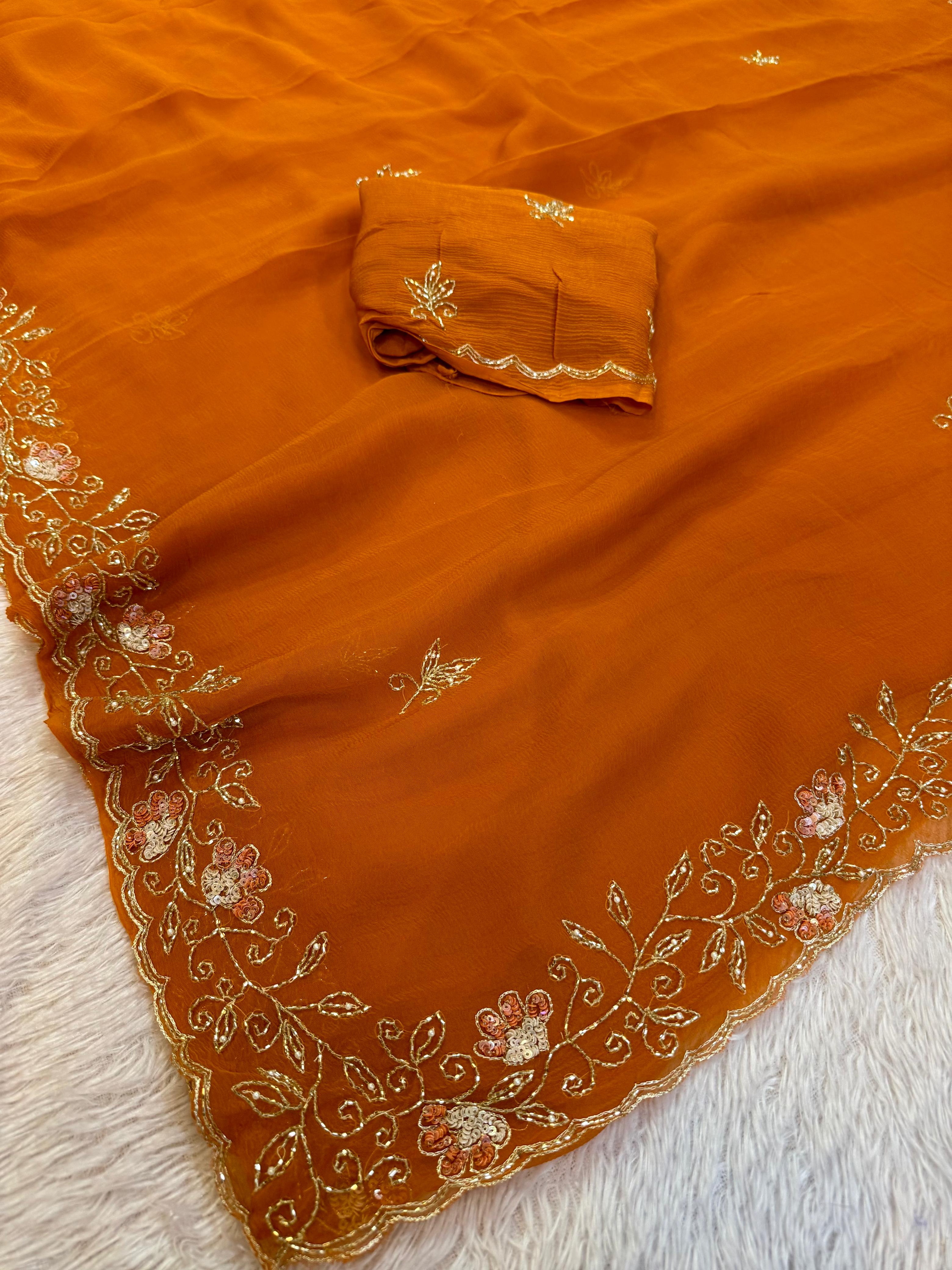 Beautiful Chiffon Saree With Handwork