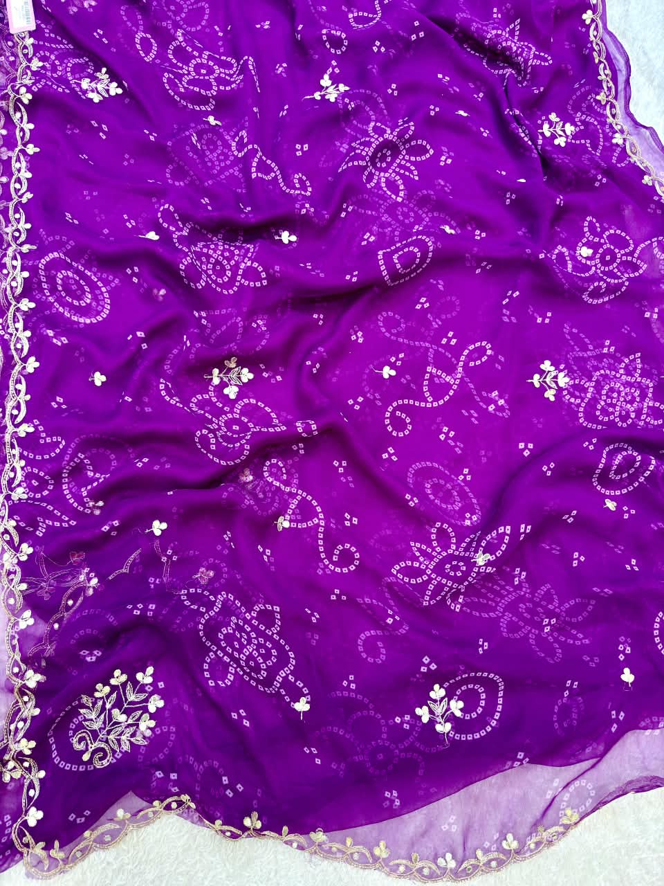 Beautiful Semi Chiffon Bandhani Saree With Handwork