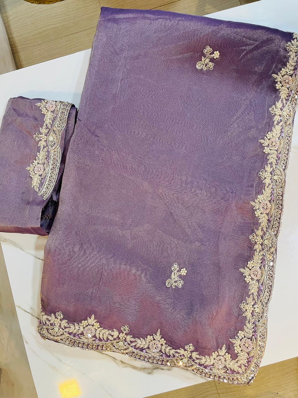 Luxury Tissue Cosmos Saree With Handwork