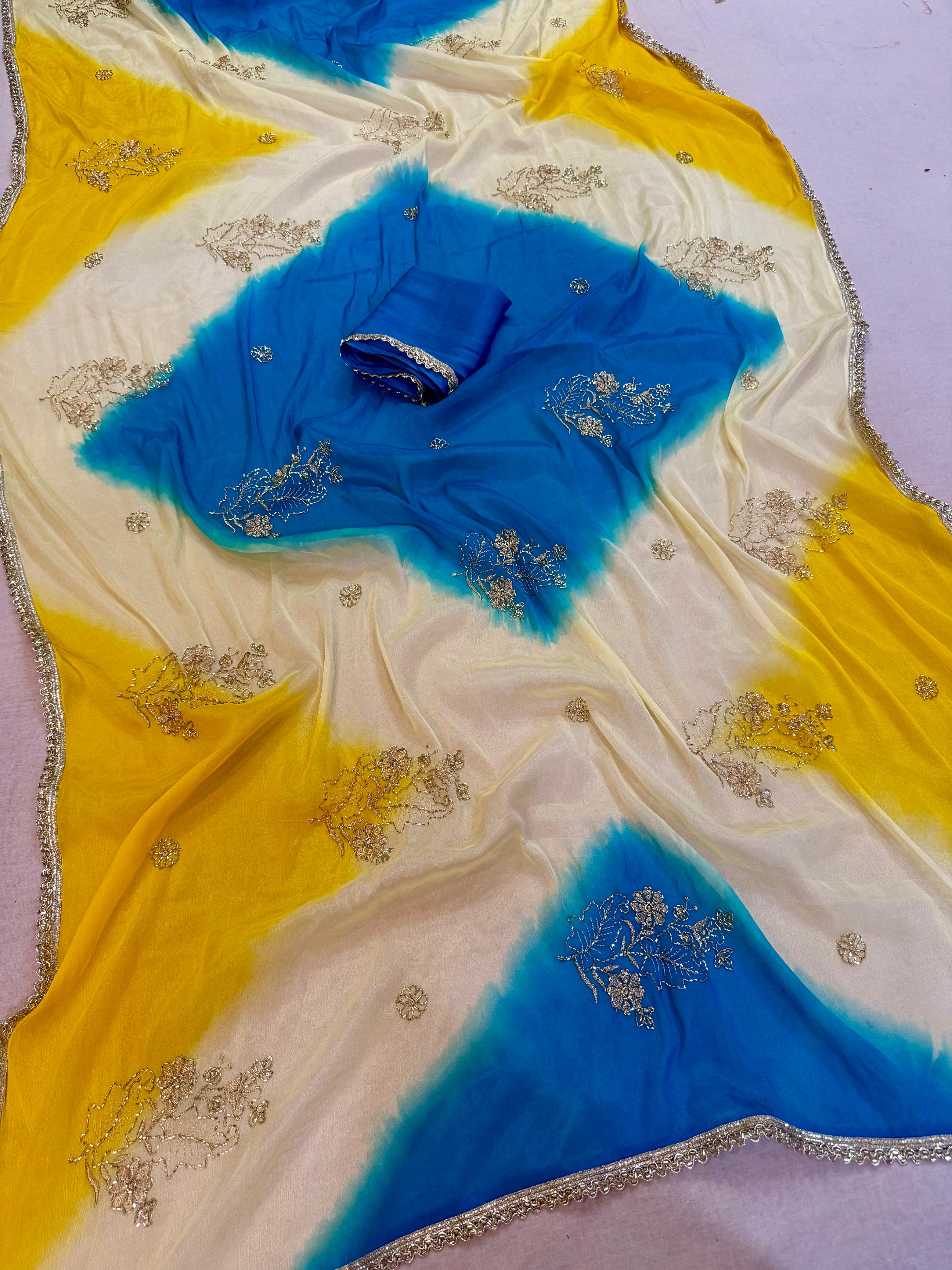 Beautiful Multi Dye Saree With Fancy Work