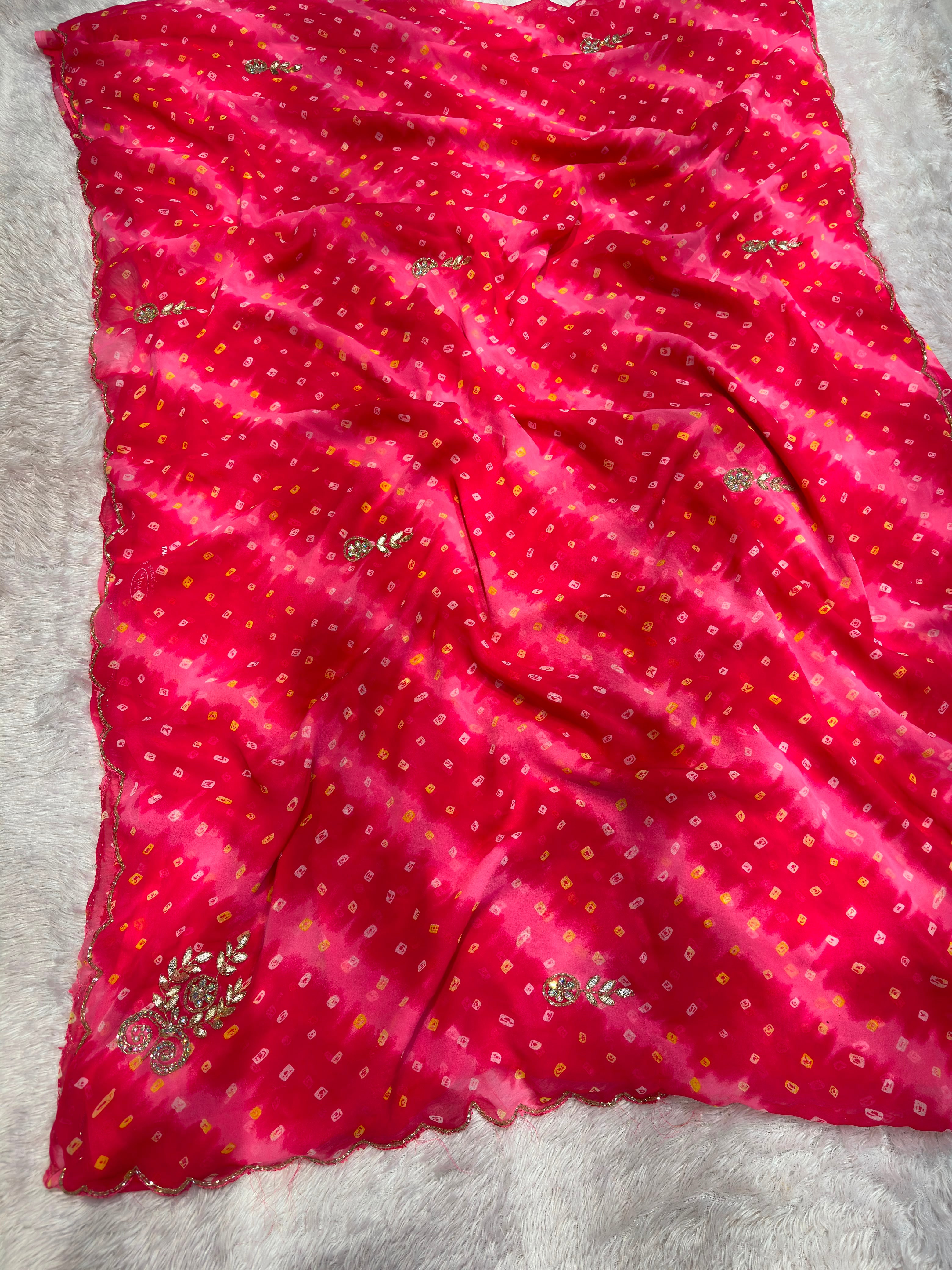 Beautiful Semi Chiffon Saree With Handwork And Hand Bhandej