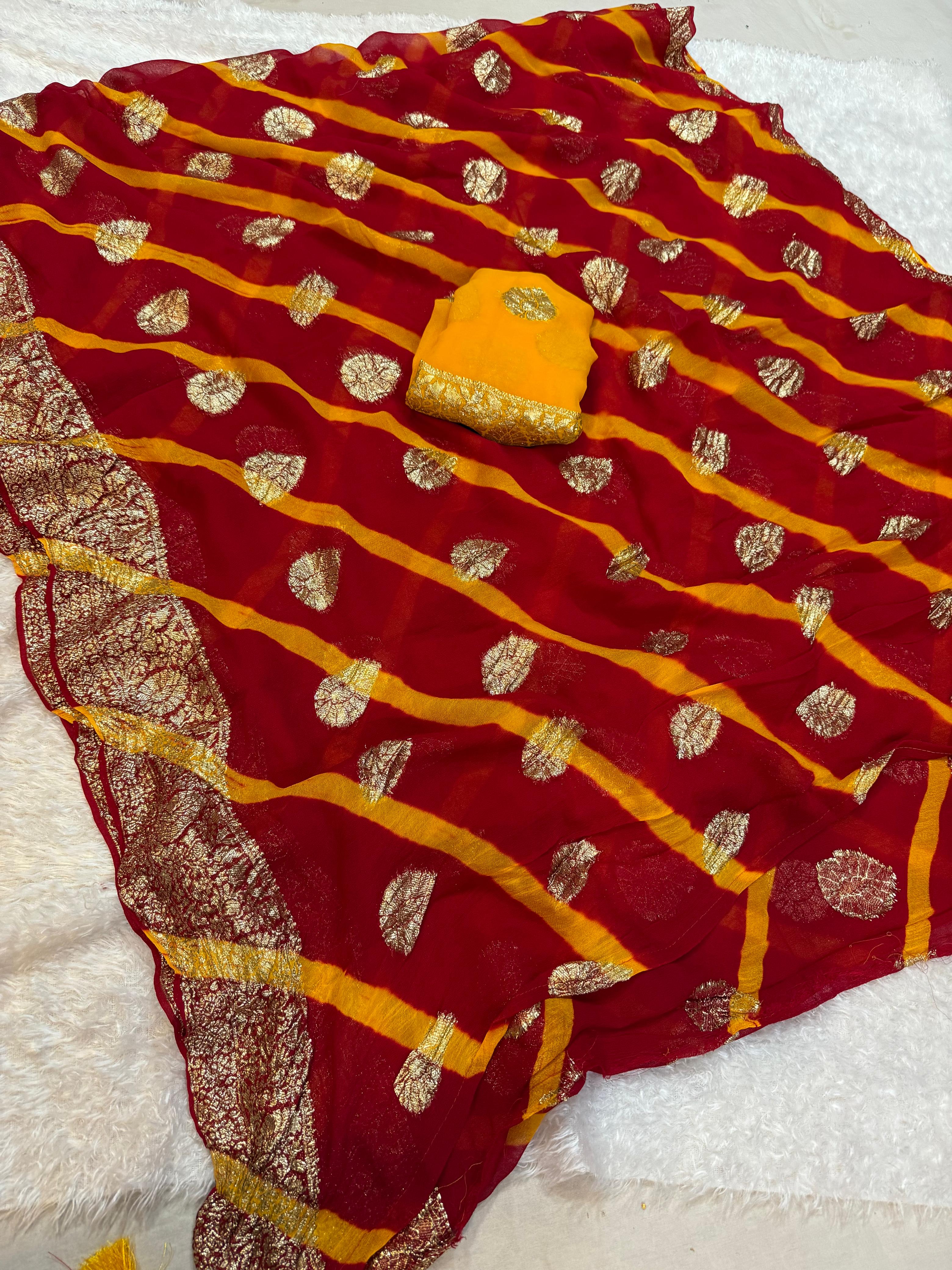 Pure Viscos Georgatte Hand Dye Hand Lahriya Saree With MX Jarri