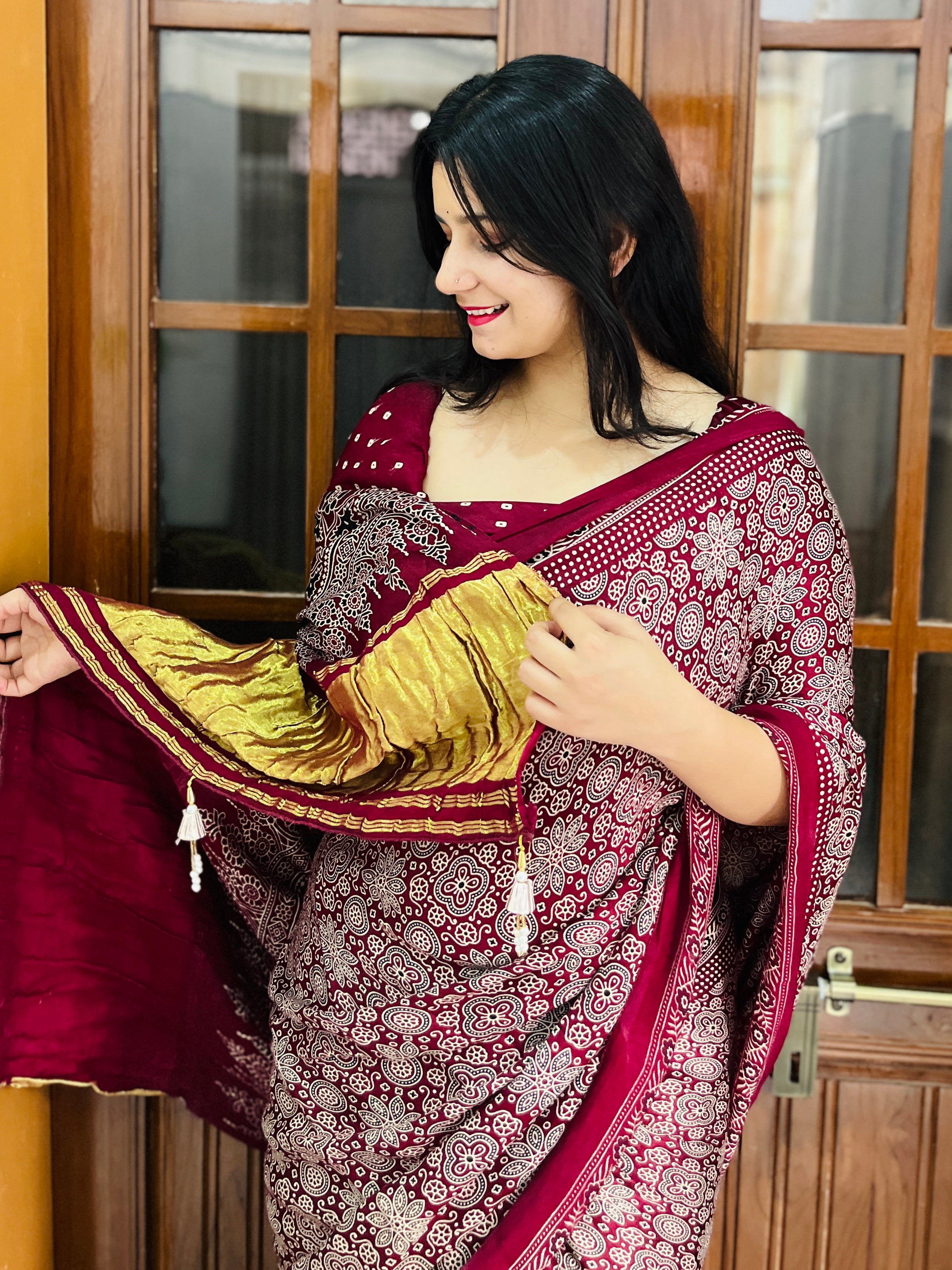 Beautiful Modal Silk Ajrakh Print Saree