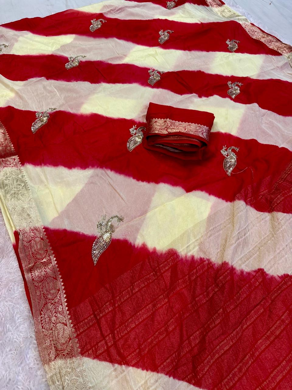 Designer Semi Chinon Lahariya Saree With Handwork