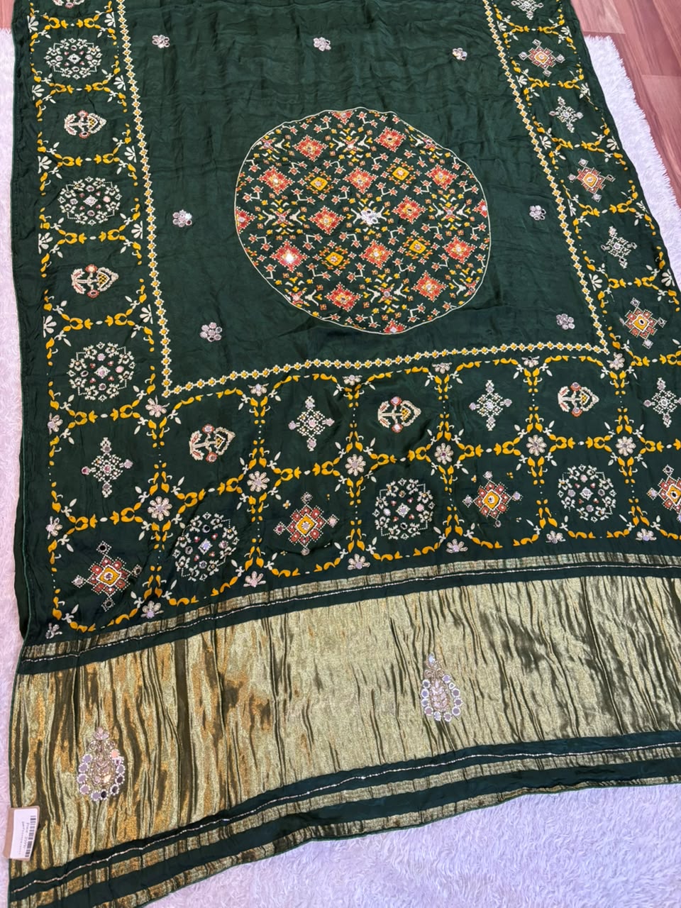 Modal Gajji Silk Saree With Ajrak print & Handwork