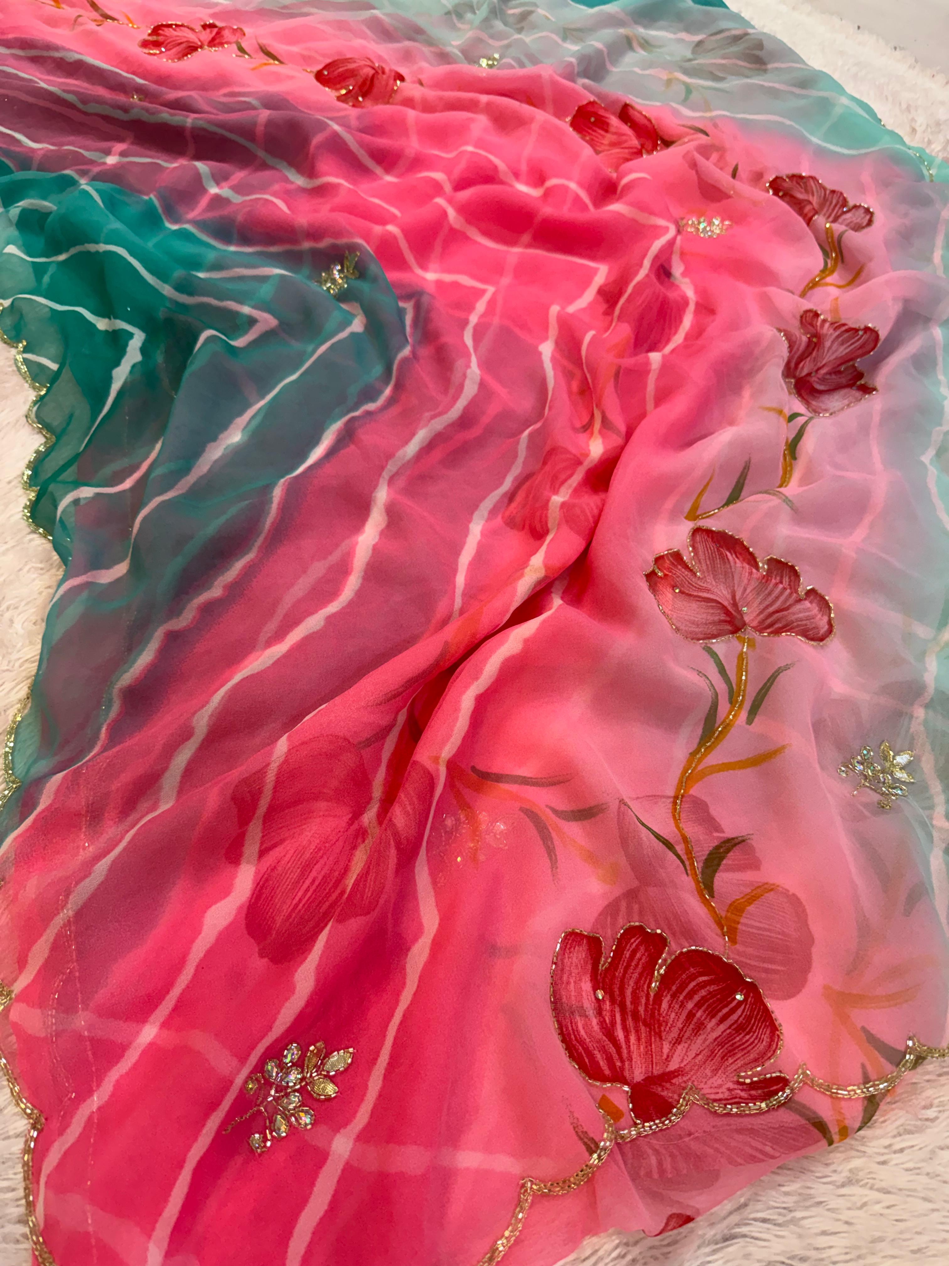 Designer Lehriya Saree with Floral Handwork Design
