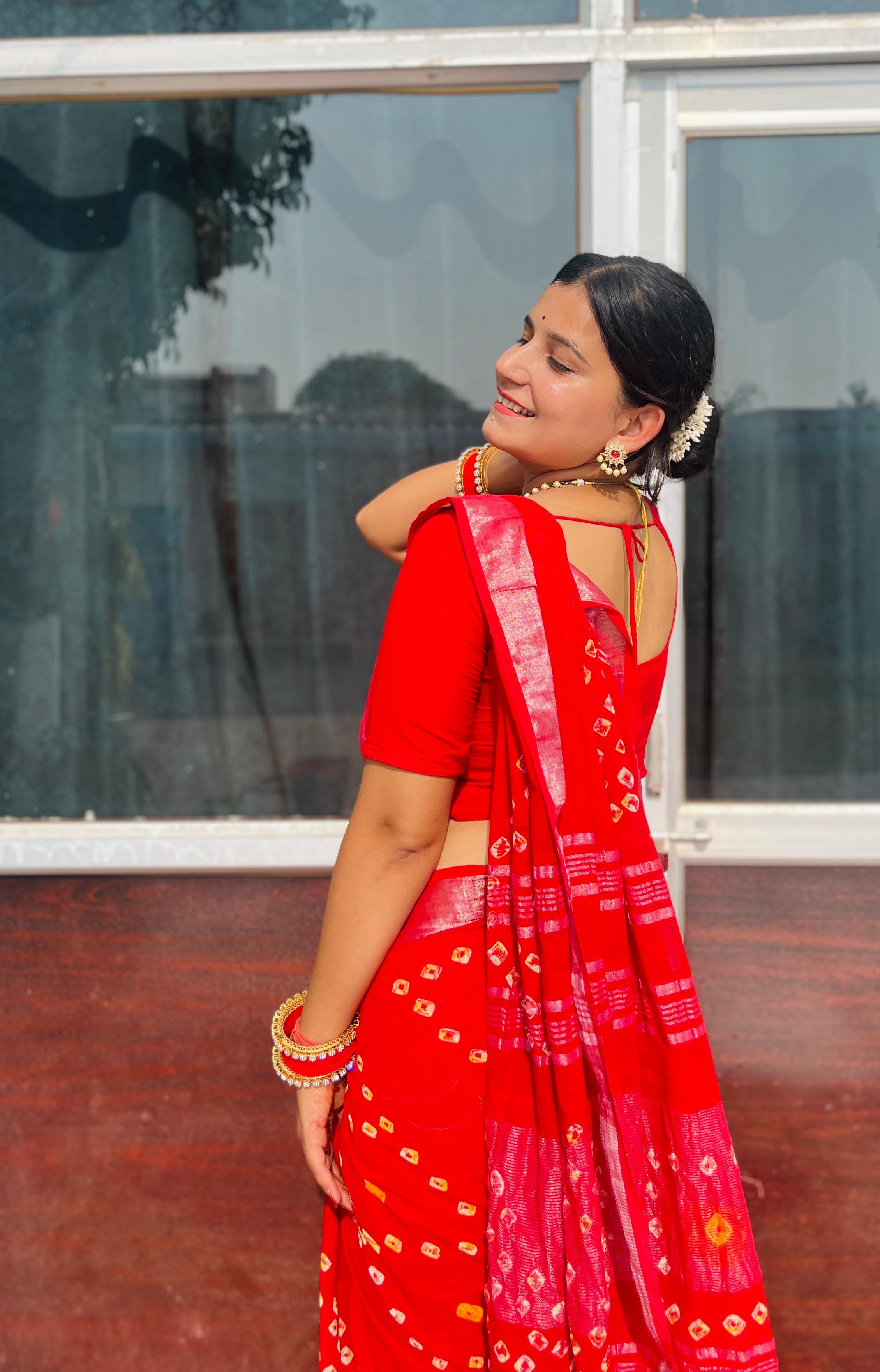Linan Cotton Saree Hand Bandhej Jaipuri Design