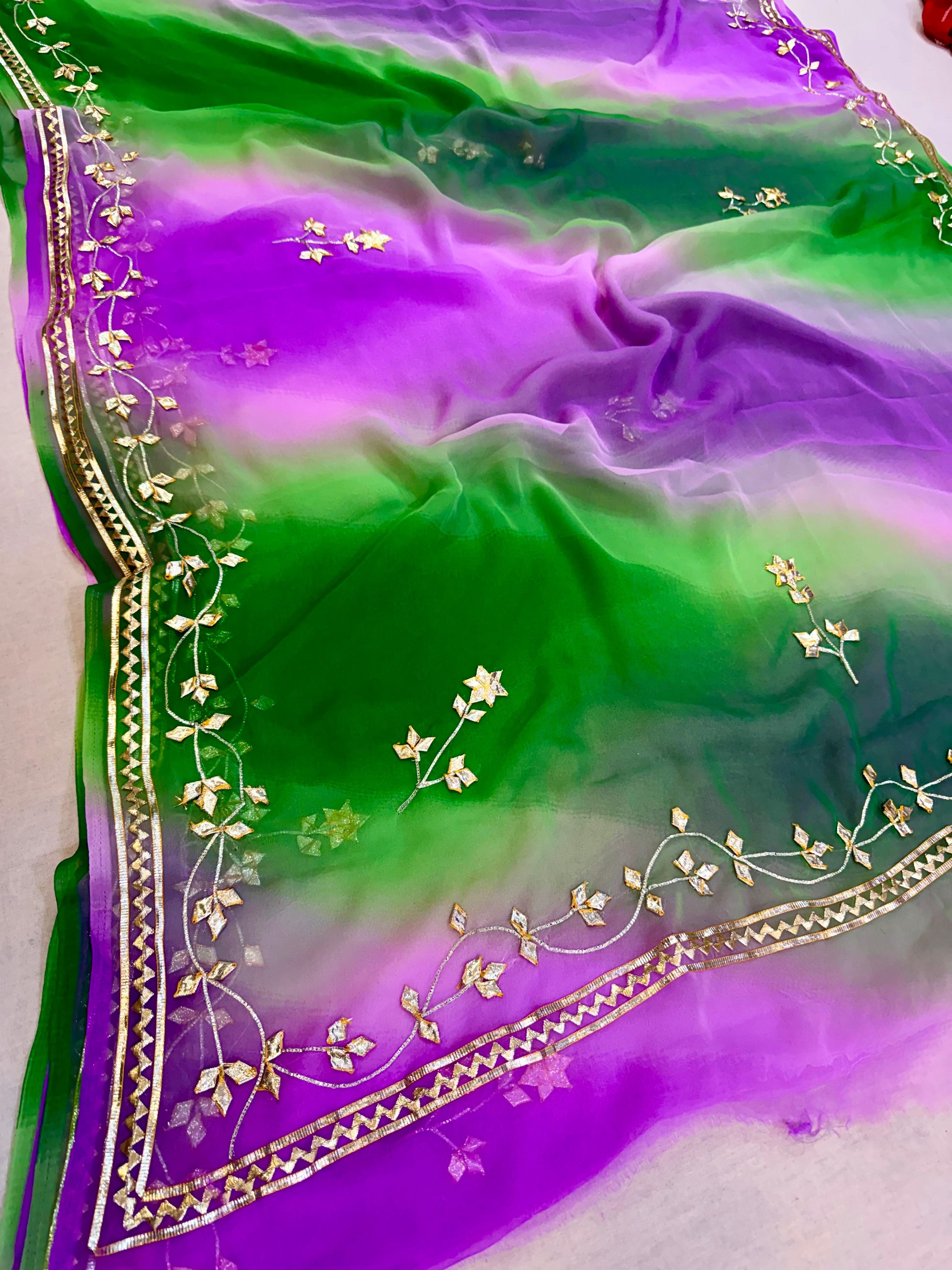 Beautiful Semi Chiffon Multi Dye Saree With Gottapatti Work