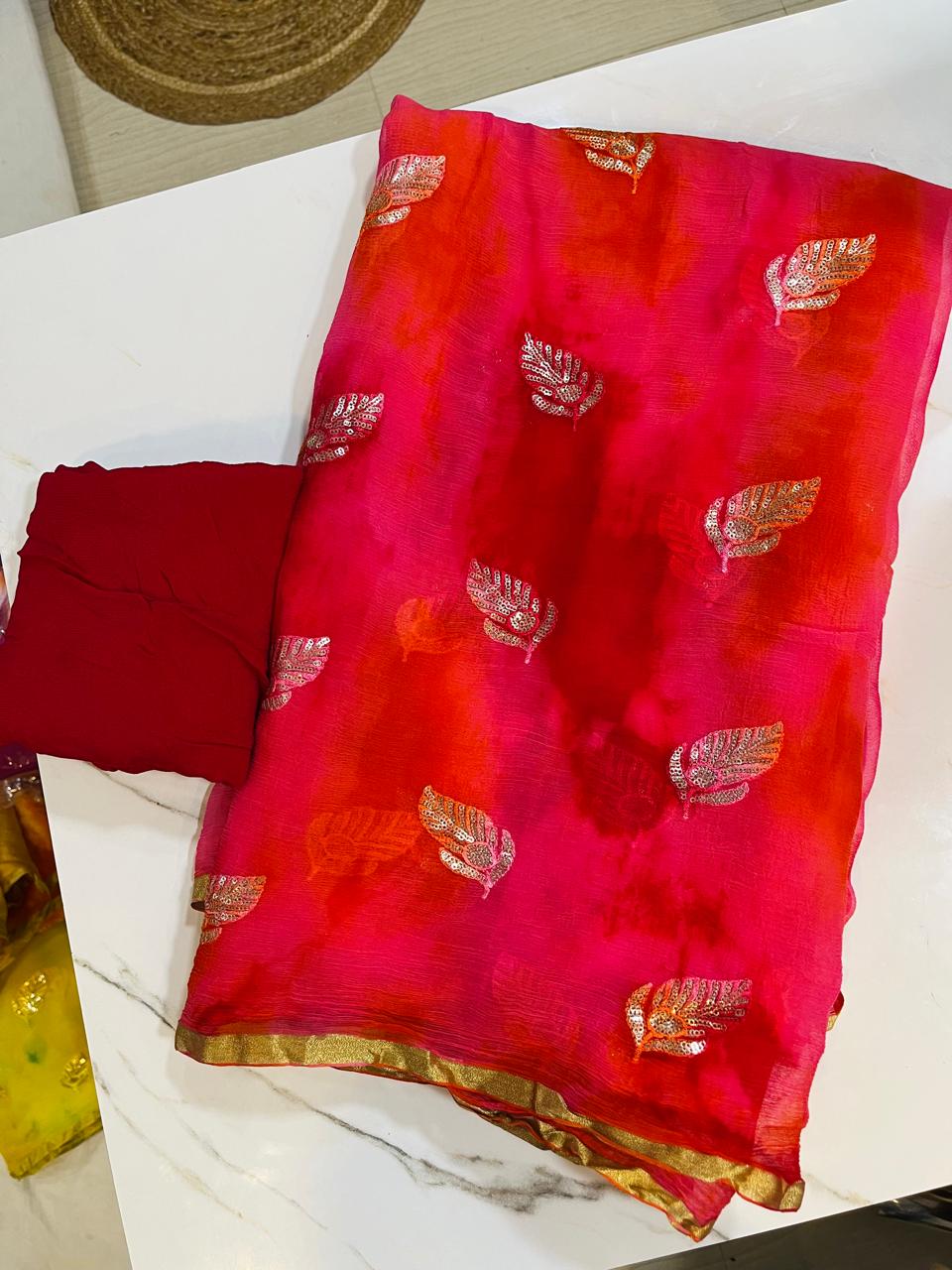 Beautiful Pure Chiffon Shibori Dye Saree With Handwork